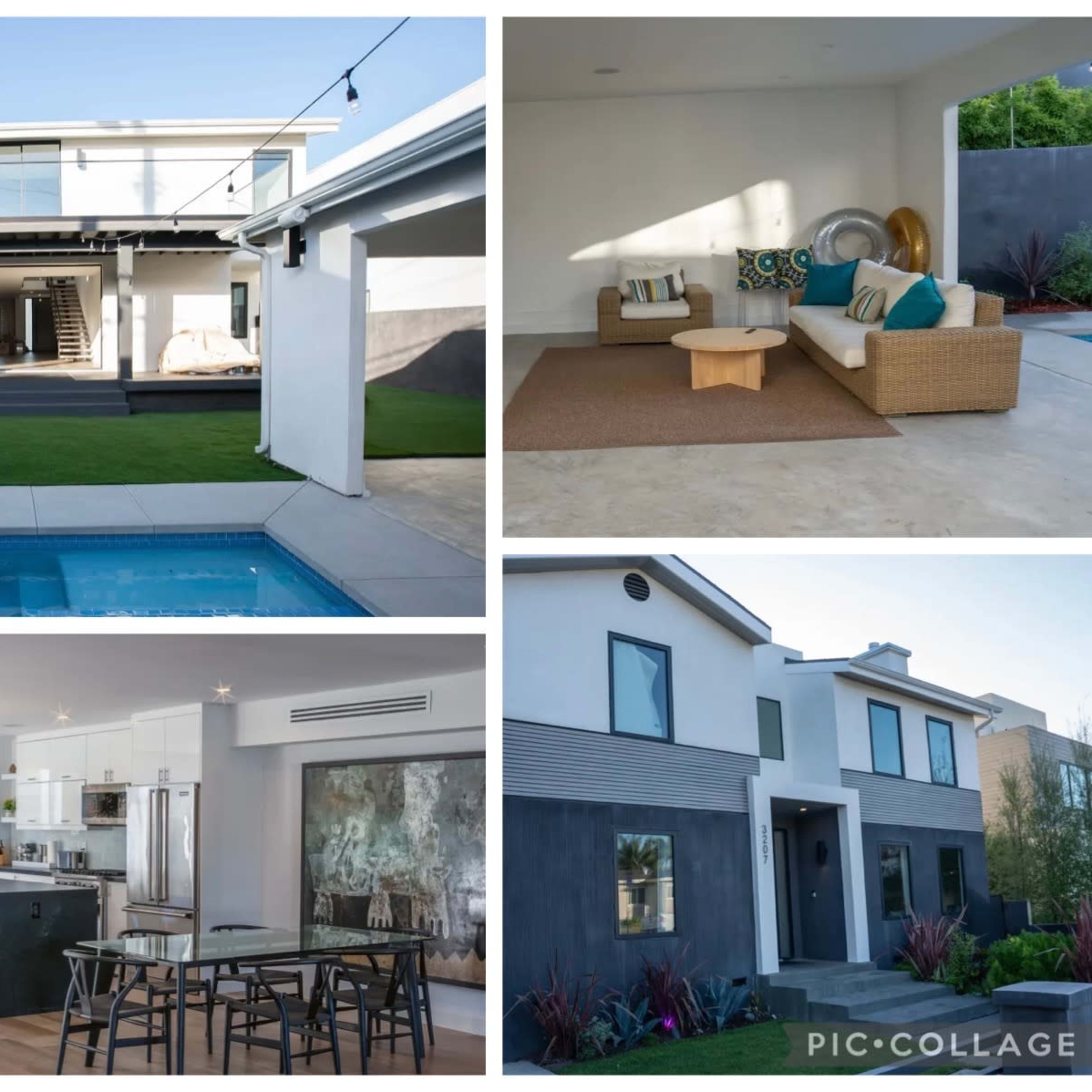 A modern residential property featuring a swimming pool, outdoor seating area, stylish interior spaces, and a contemporary exterior design.