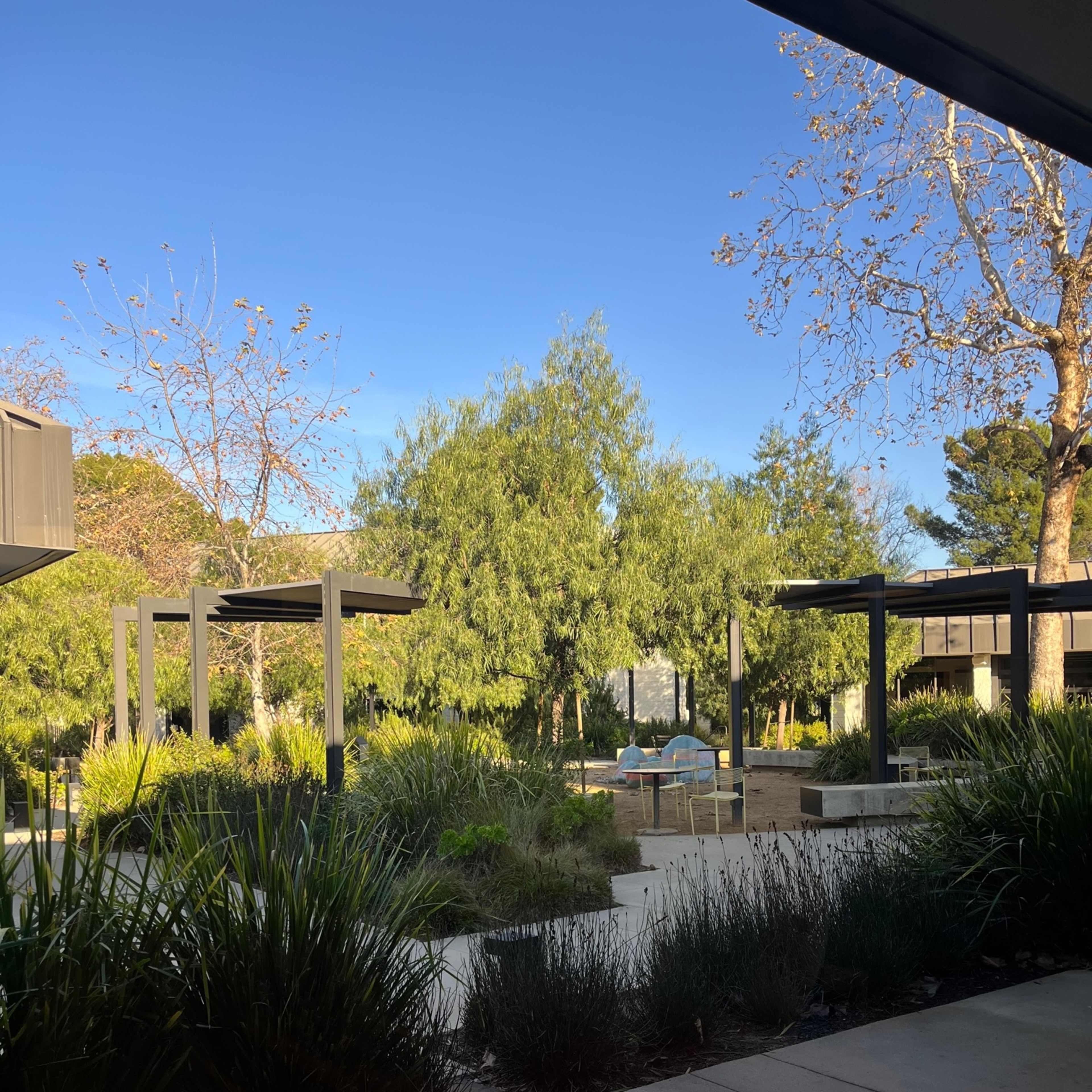 A landscaped outdoor area with trees, shrubs, and contemporary structures under a clear blue sky.