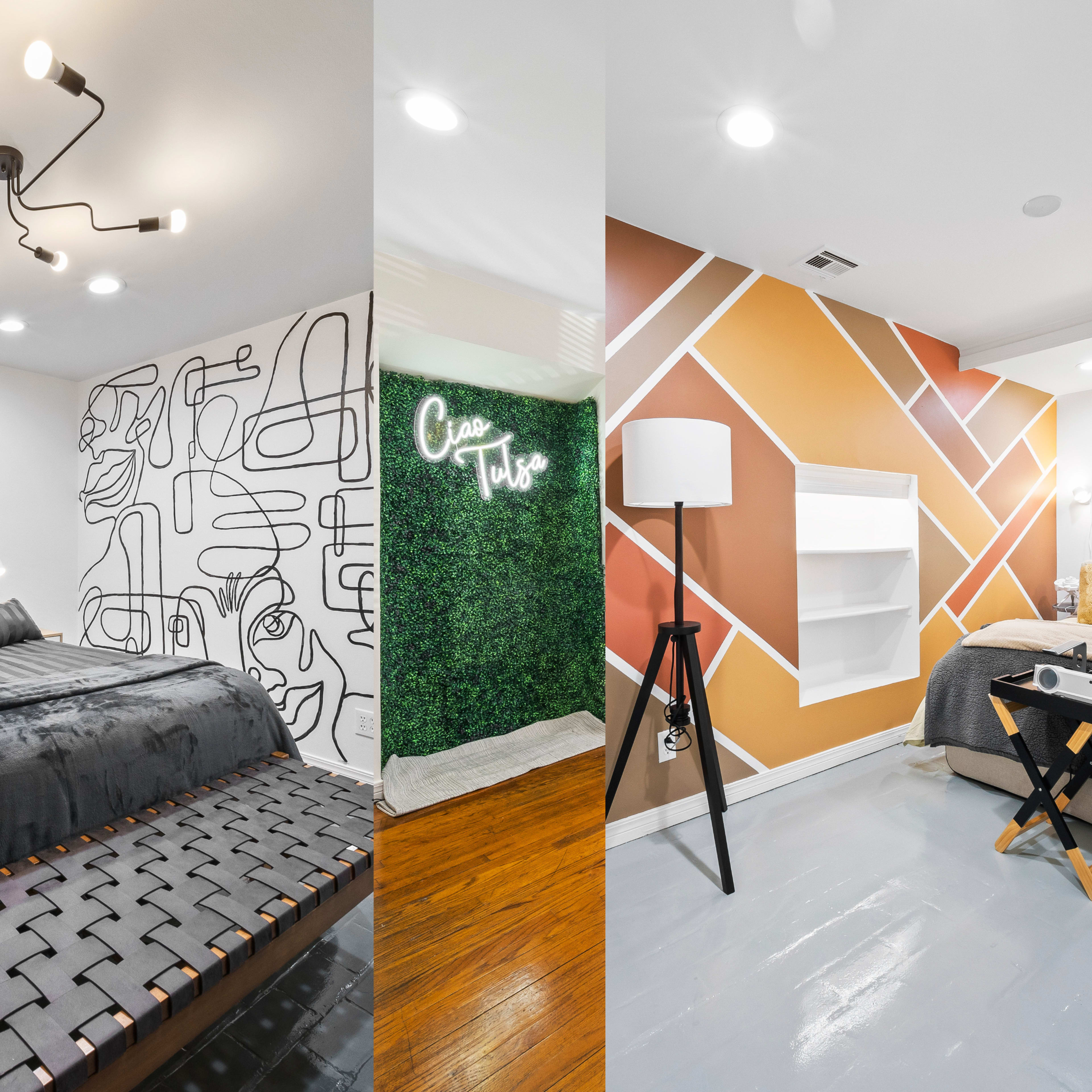 A split-view of two distinct bedroom designs, one featuring a black and white patterned wall and the other with a geometric accent wall in warm colors, both equipped with modern furnishings.