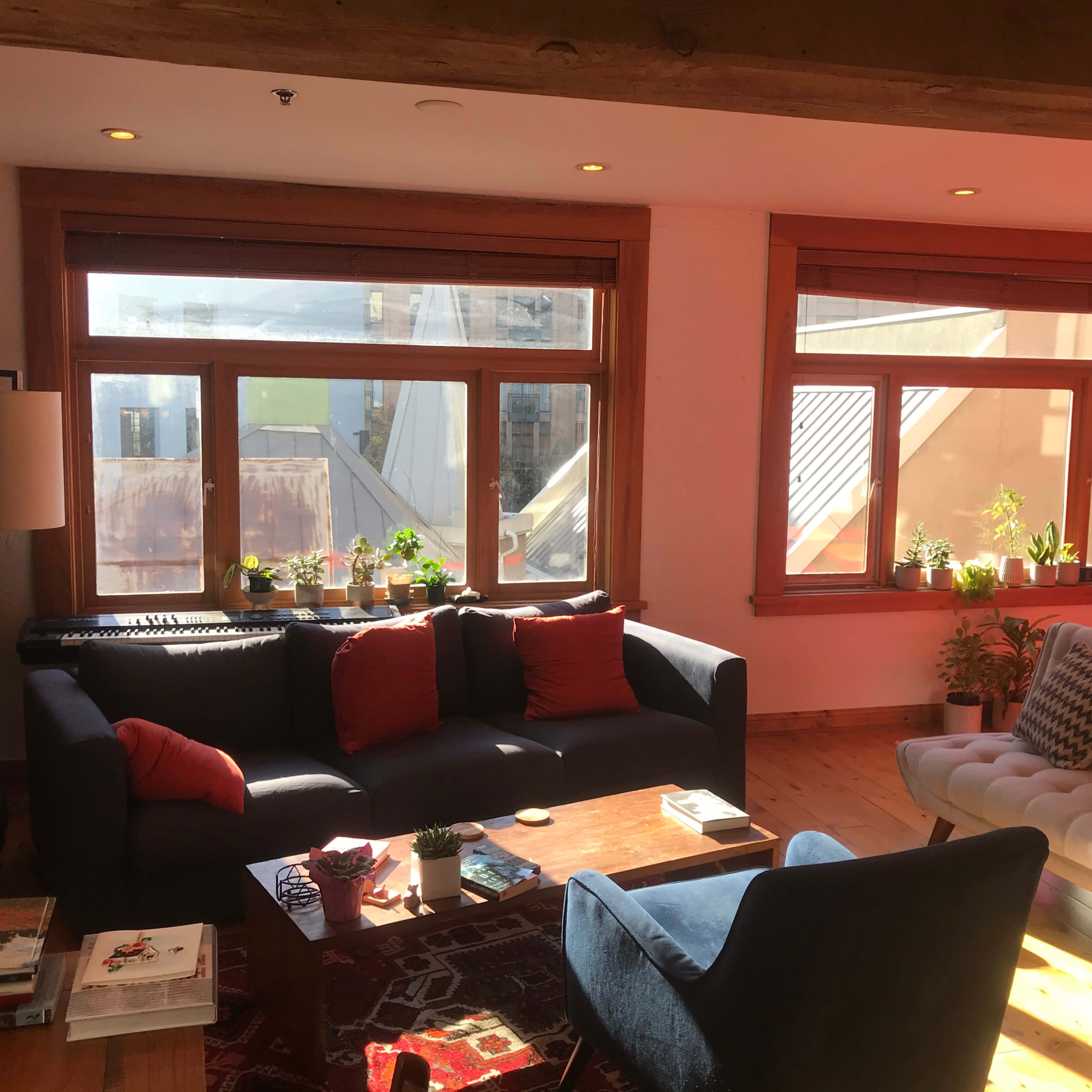 A cozy living room features large windows with plants on the sills, a dark blue sofa with red pillows, a light-colored armchair, and a wooden coffee table surrounded by books and magazines.