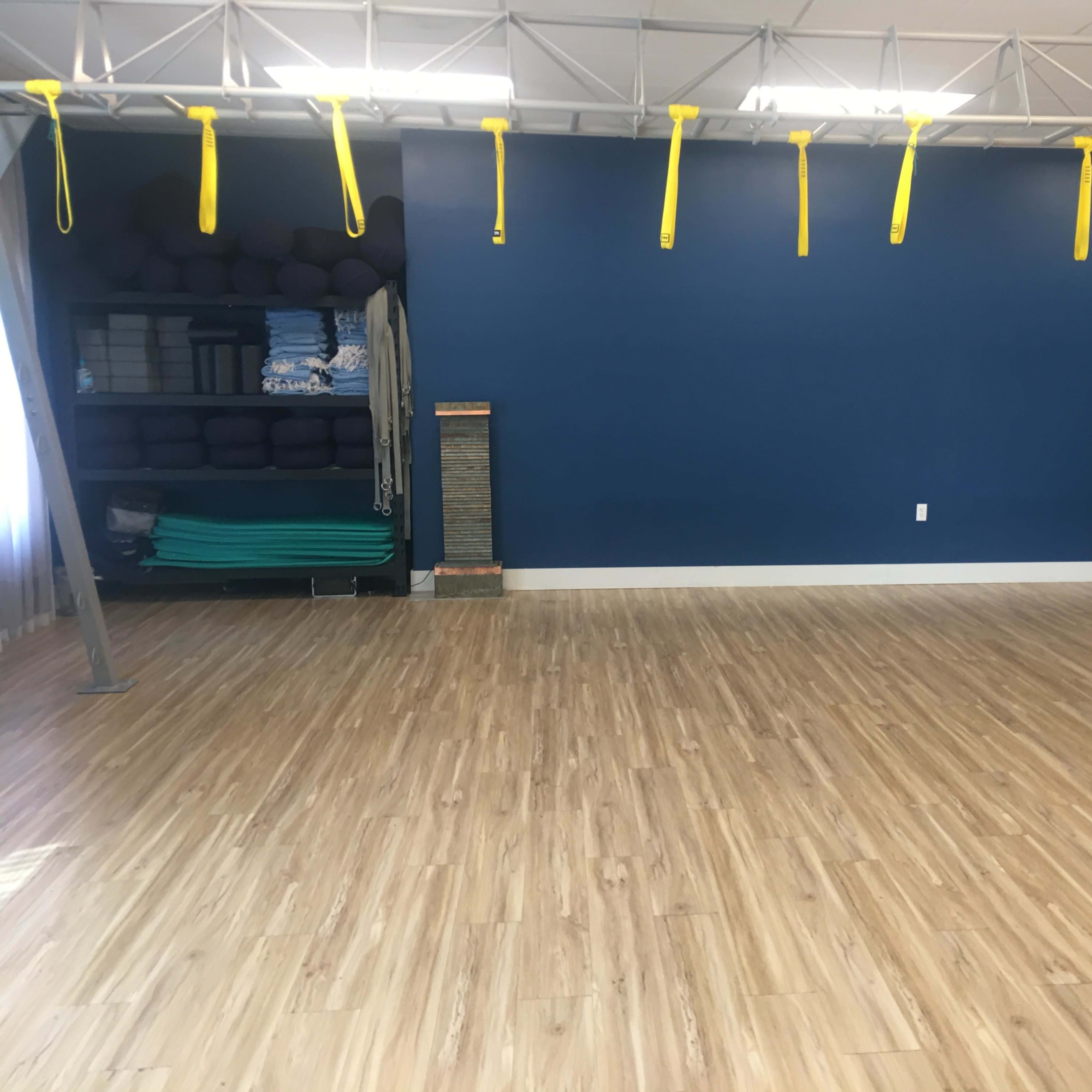 An empty studio with a wooden floor, blue wall, and yellow suspension straps hanging from the ceiling.