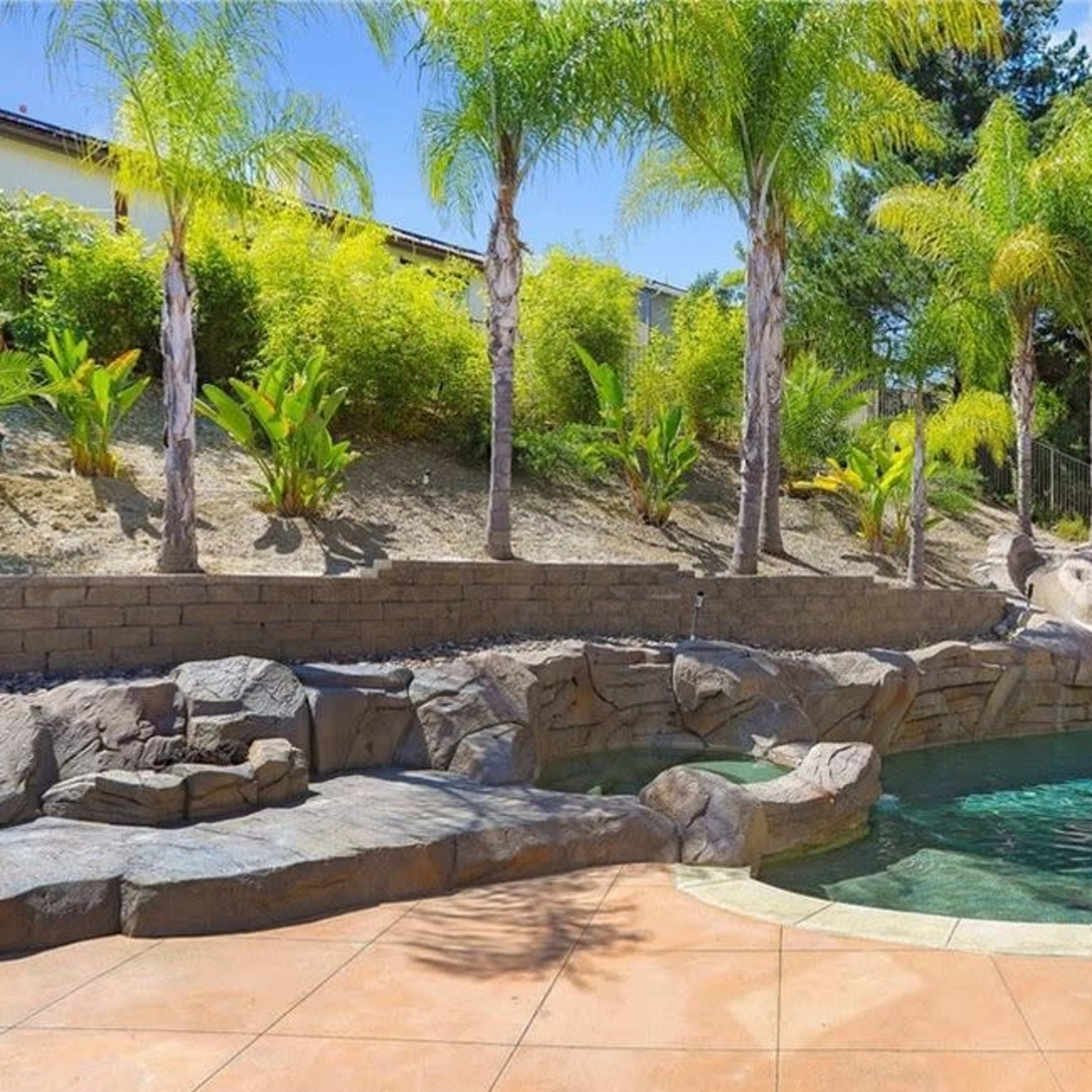 A landscaped backyard with a stone-accented swimming pool surrounded by palm trees and lush greenery.