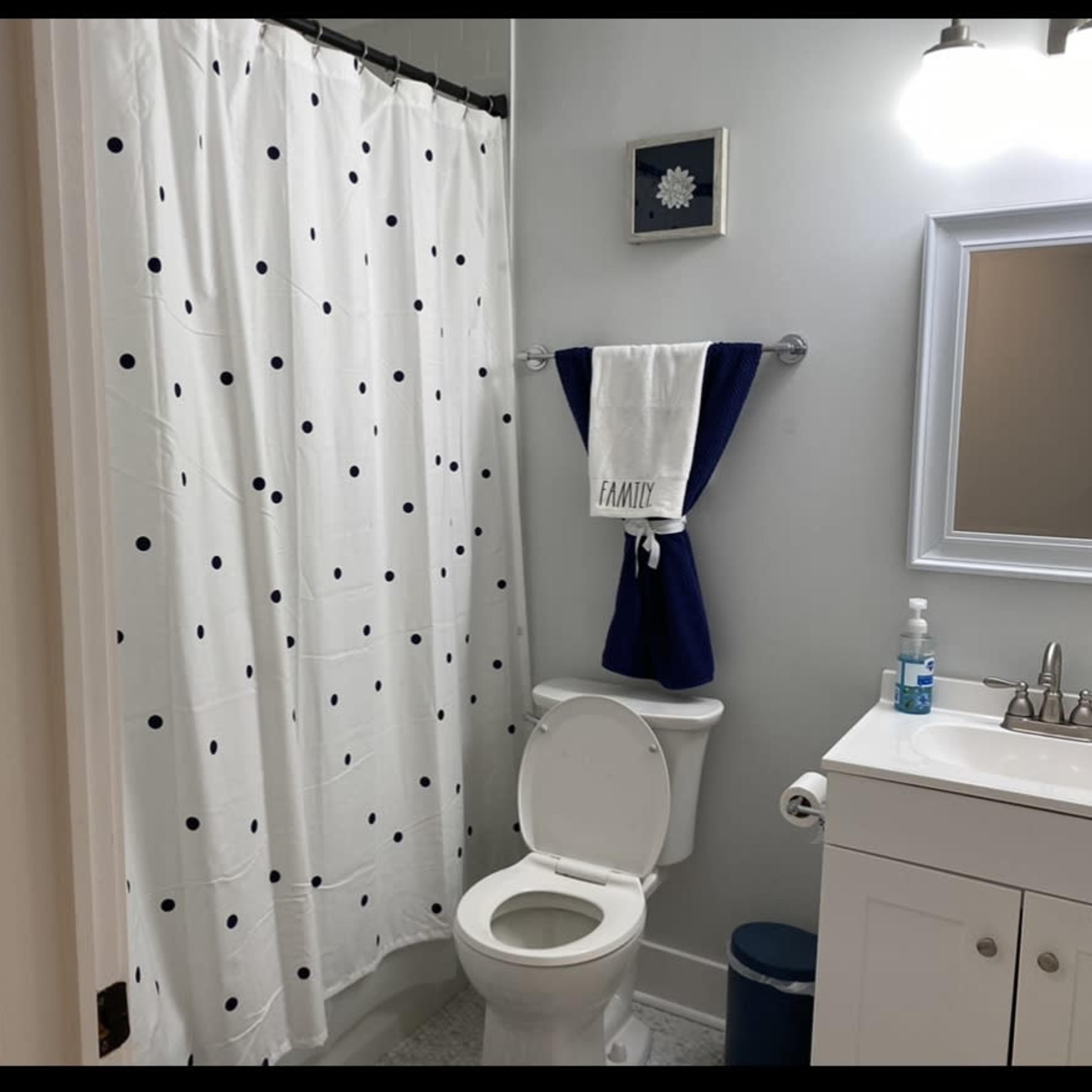 A bathroom with a white shower curtain featuring blue dots, a toilet, and a sink with a mirror above it.