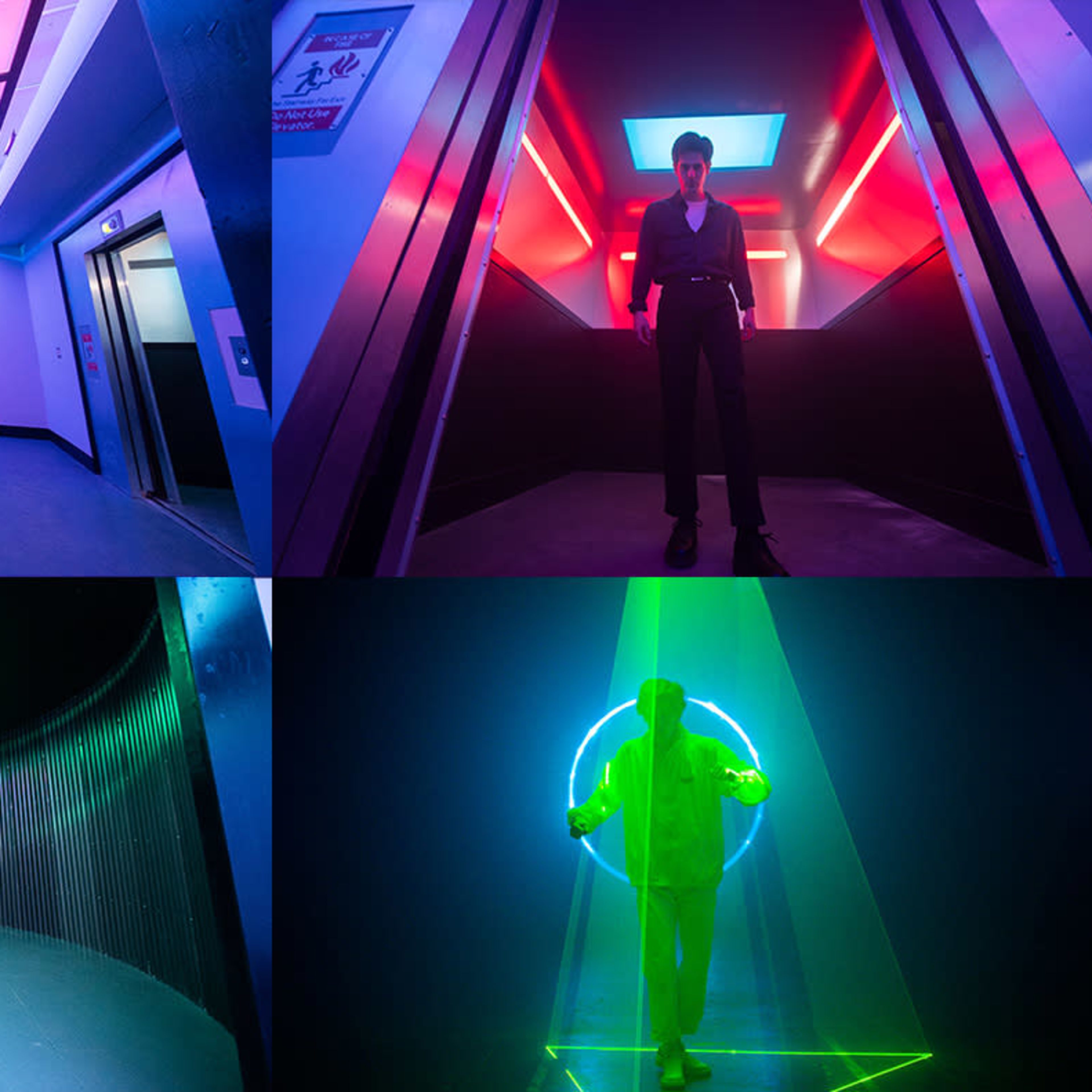 Four different scenes, each with vibrant neon lighting and modern architectural elements, including an elevator, a hallway, and circular light effects.