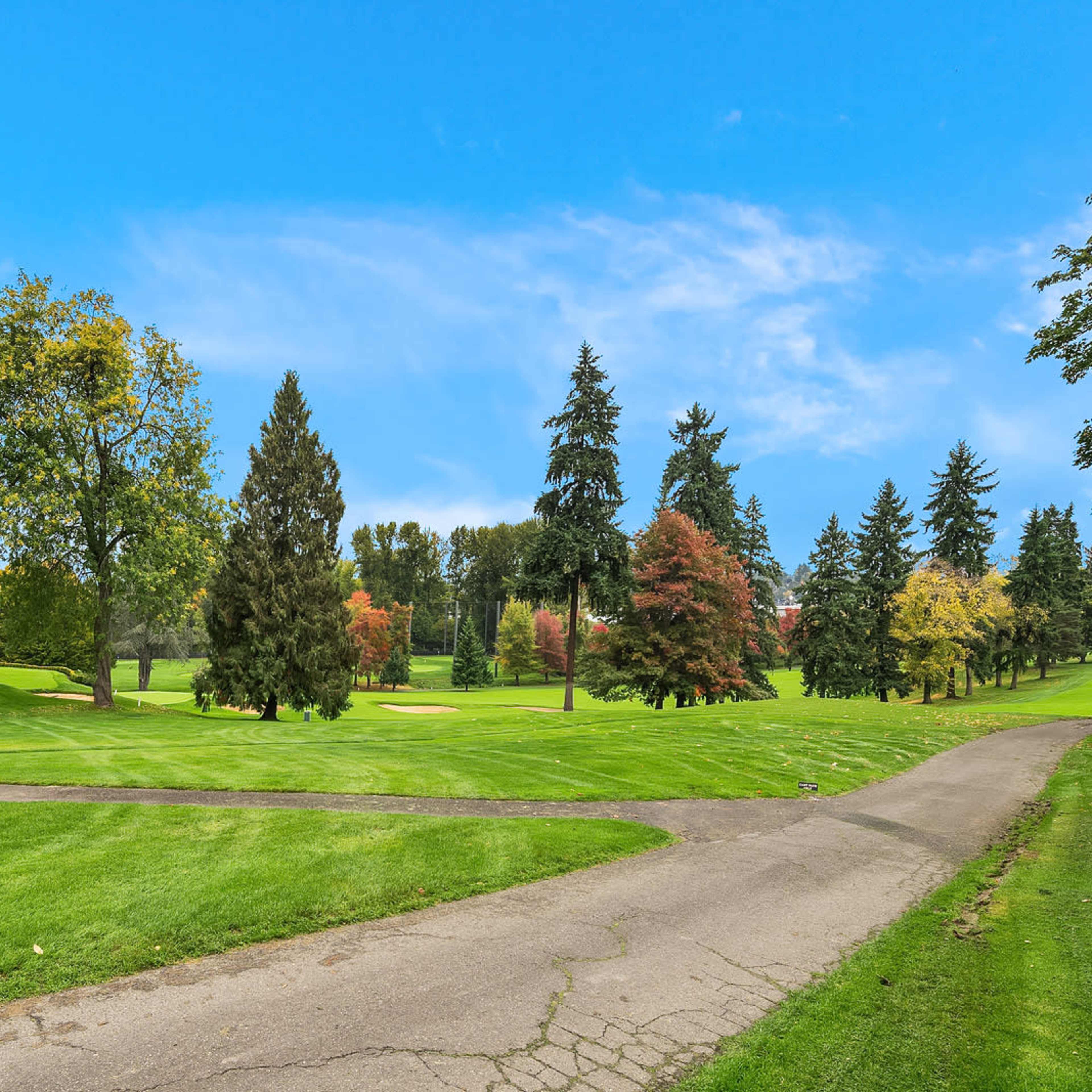 A wide view of a golf course features manicured grass, several trees, and a pathway running through it.