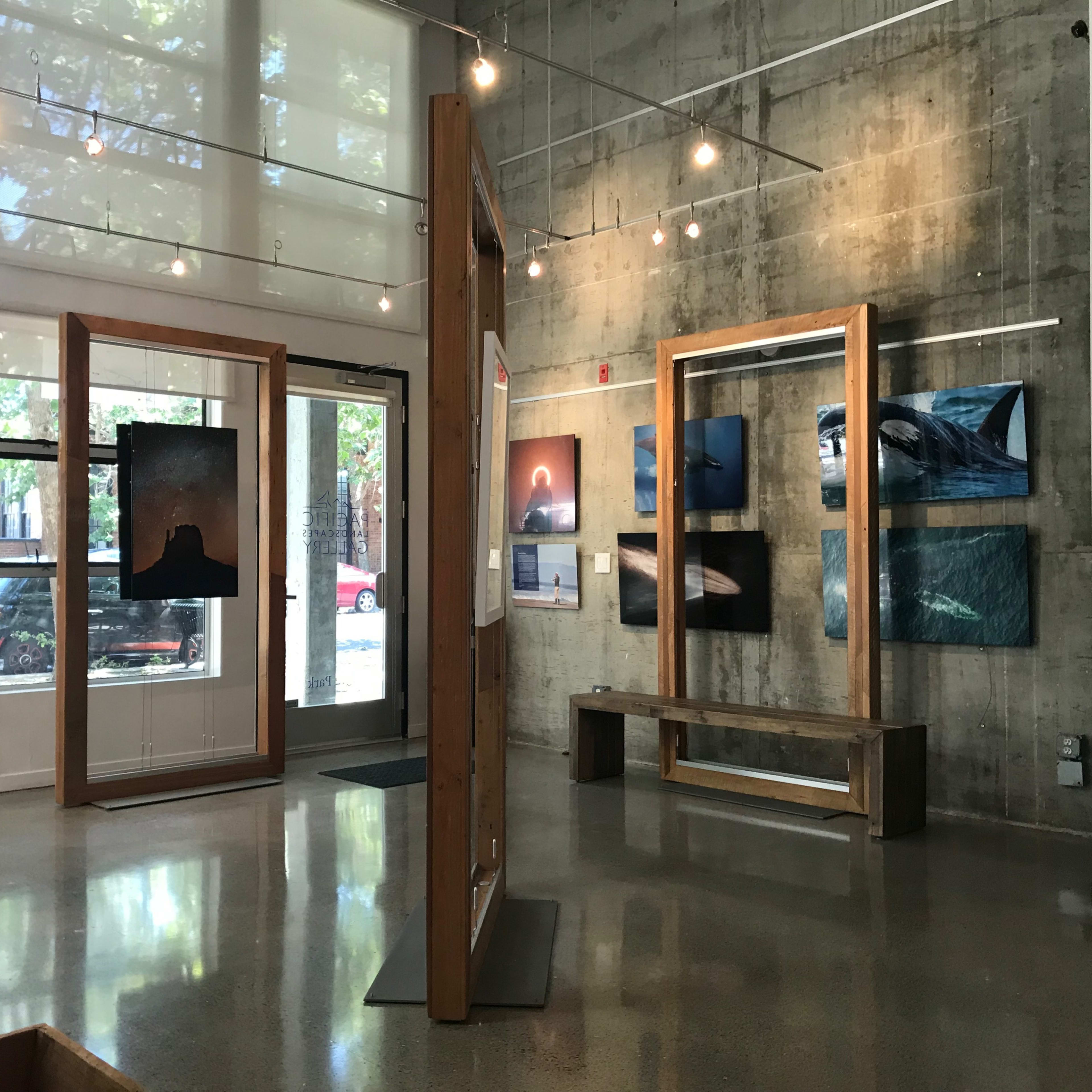An art gallery featuring several framed photographs displayed on wooden stands against a concrete wall.