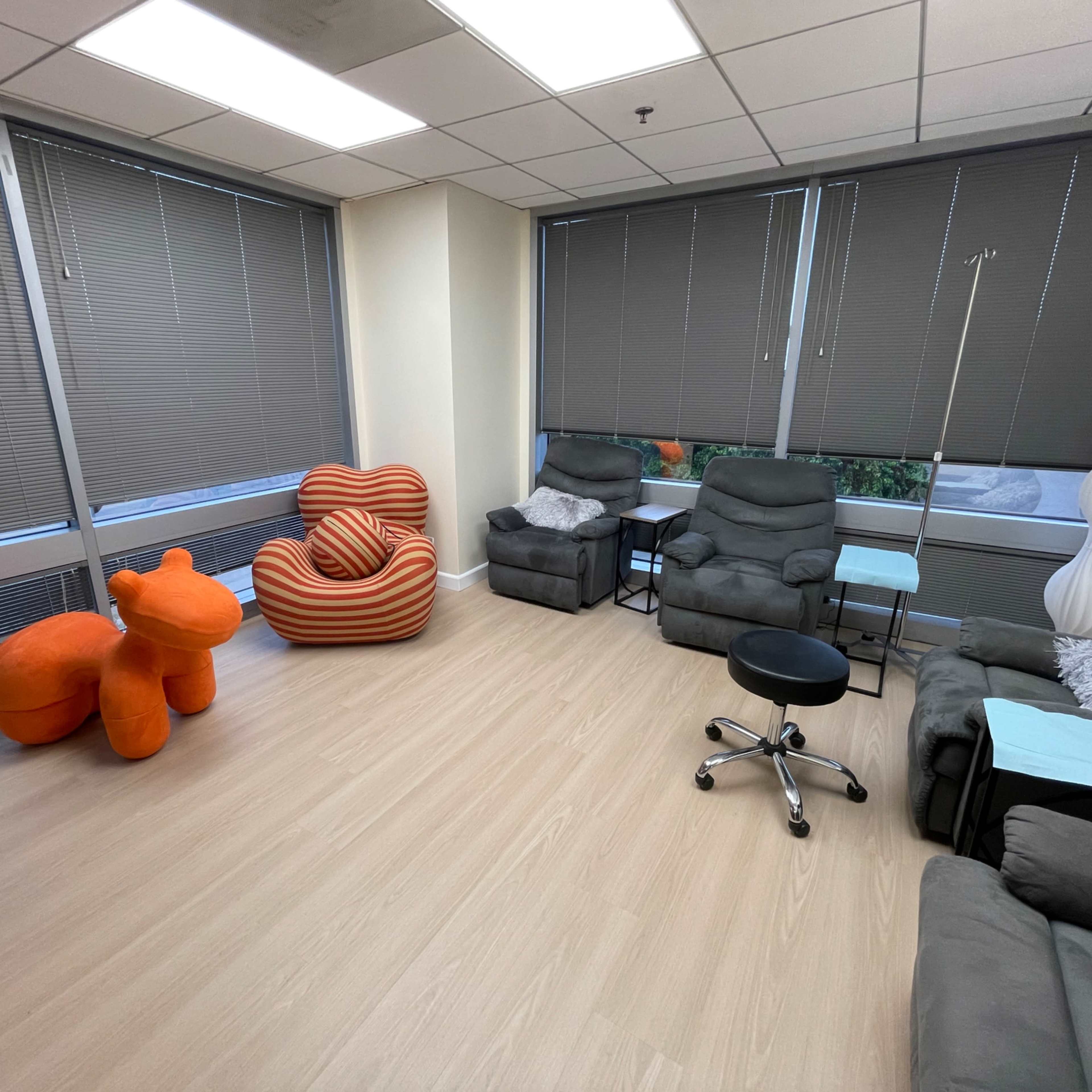 The room features two recliners, a rolling office chair, a small table, and a large orange animal-shaped chair, all set against large windows with blinds.