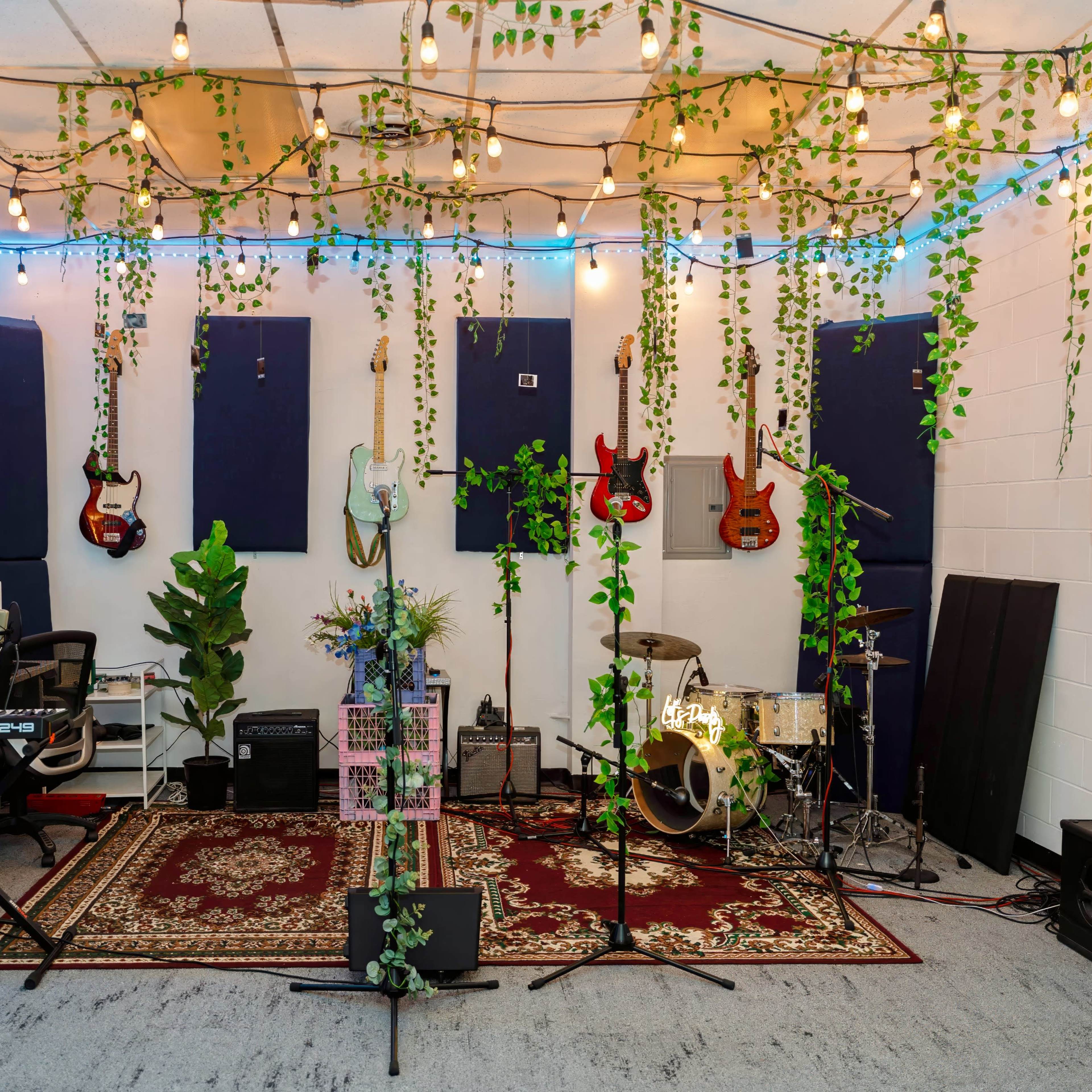 A music studio is filled with instruments, sound equipment, and decorative plants, featuring a carpet in the center.