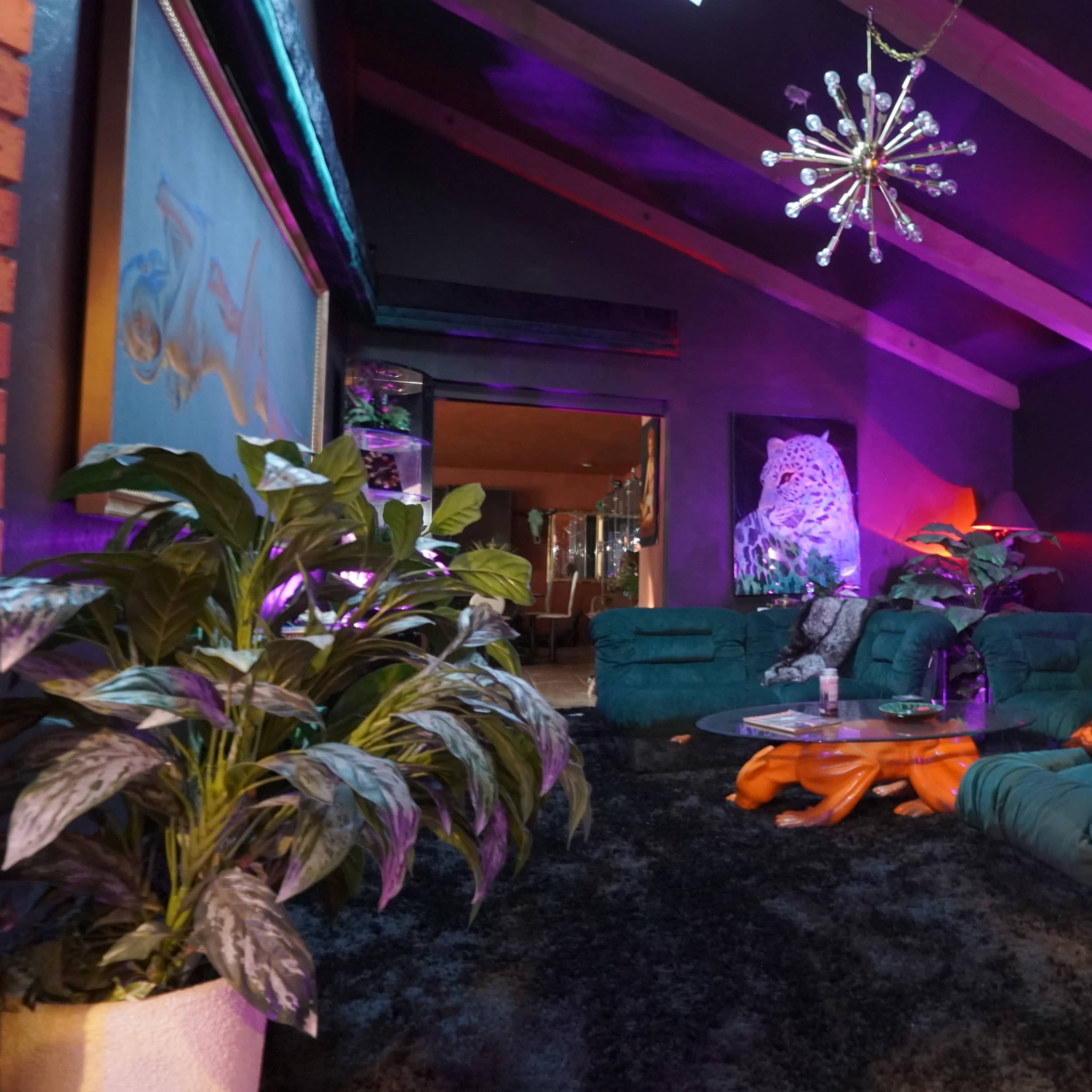 The interior features a cozy living room with green seating, dark carpeting, and vibrant lighting, accentuated by a large plant and abstract artwork on the walls.