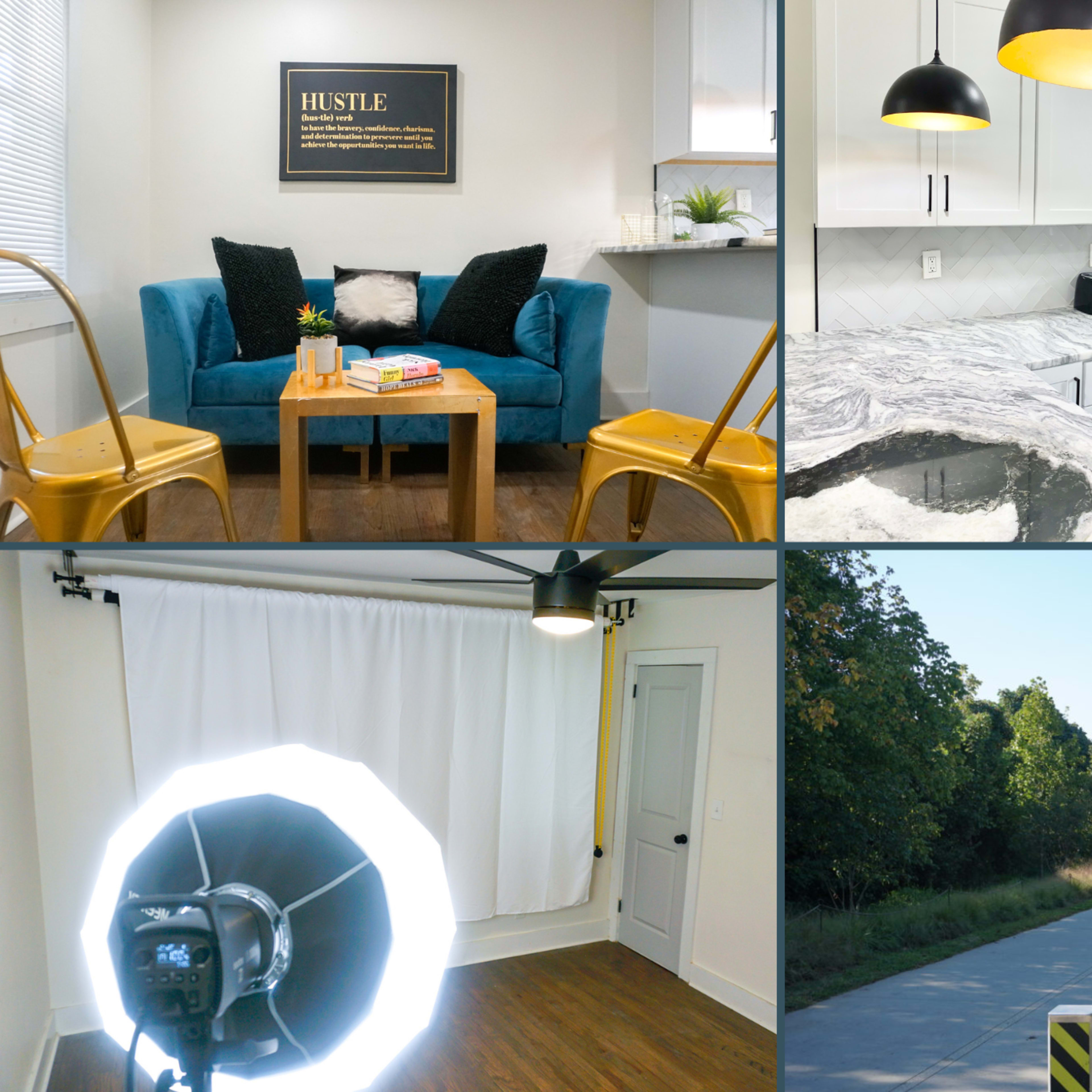 A collage with four scenes: a cozy sitting area with a blue couch and gold chairs, a modern kitchen with white cabinets and marble countertops, a photography setup with a large light, and a view of the Atlanta Beltline trail with signage.