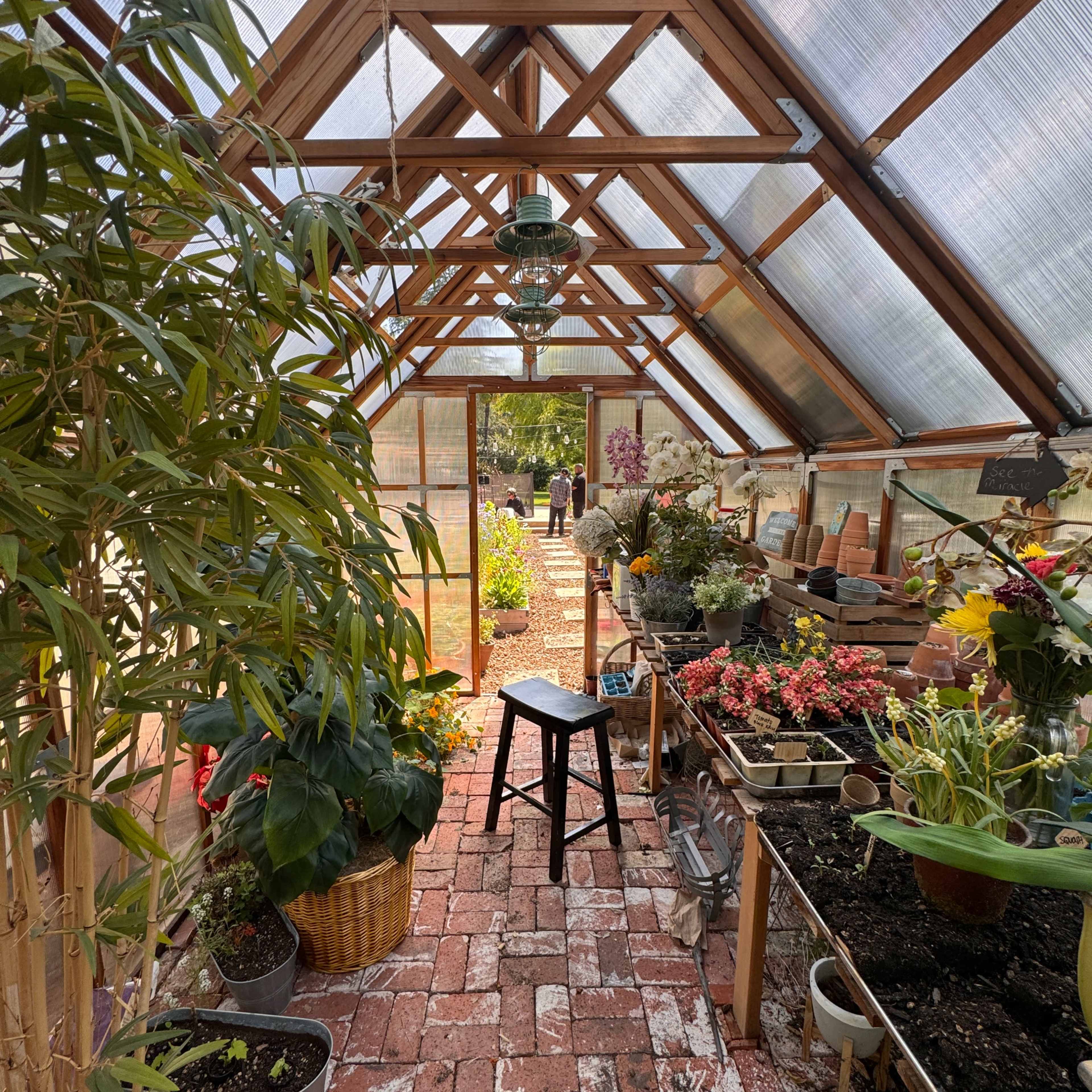 The interior of a greenhouse with paths made of brick, surrounded by various potted plants and flowers.