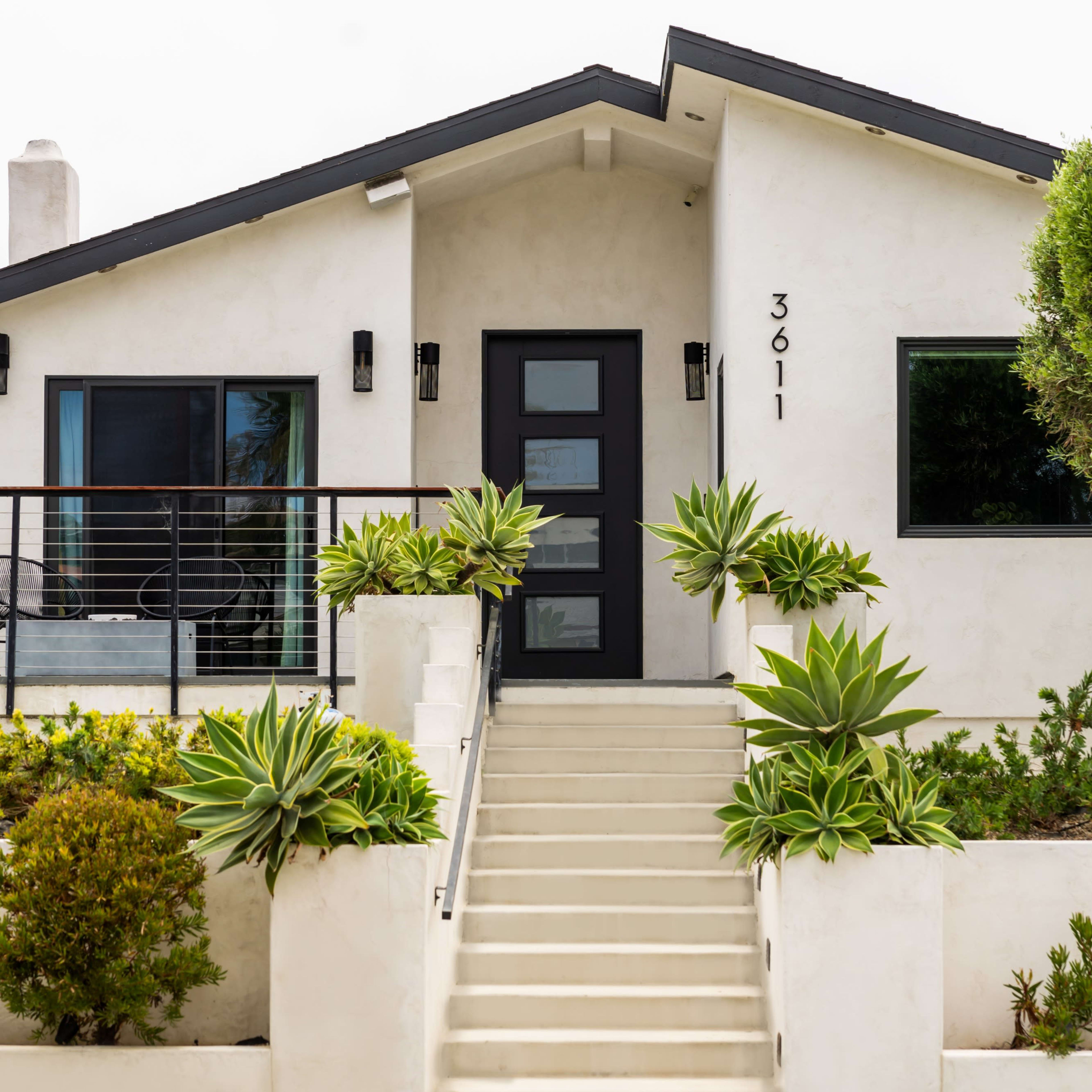 A modern house with a black door and potted plants flanks a set of stairs leading to the entrance.