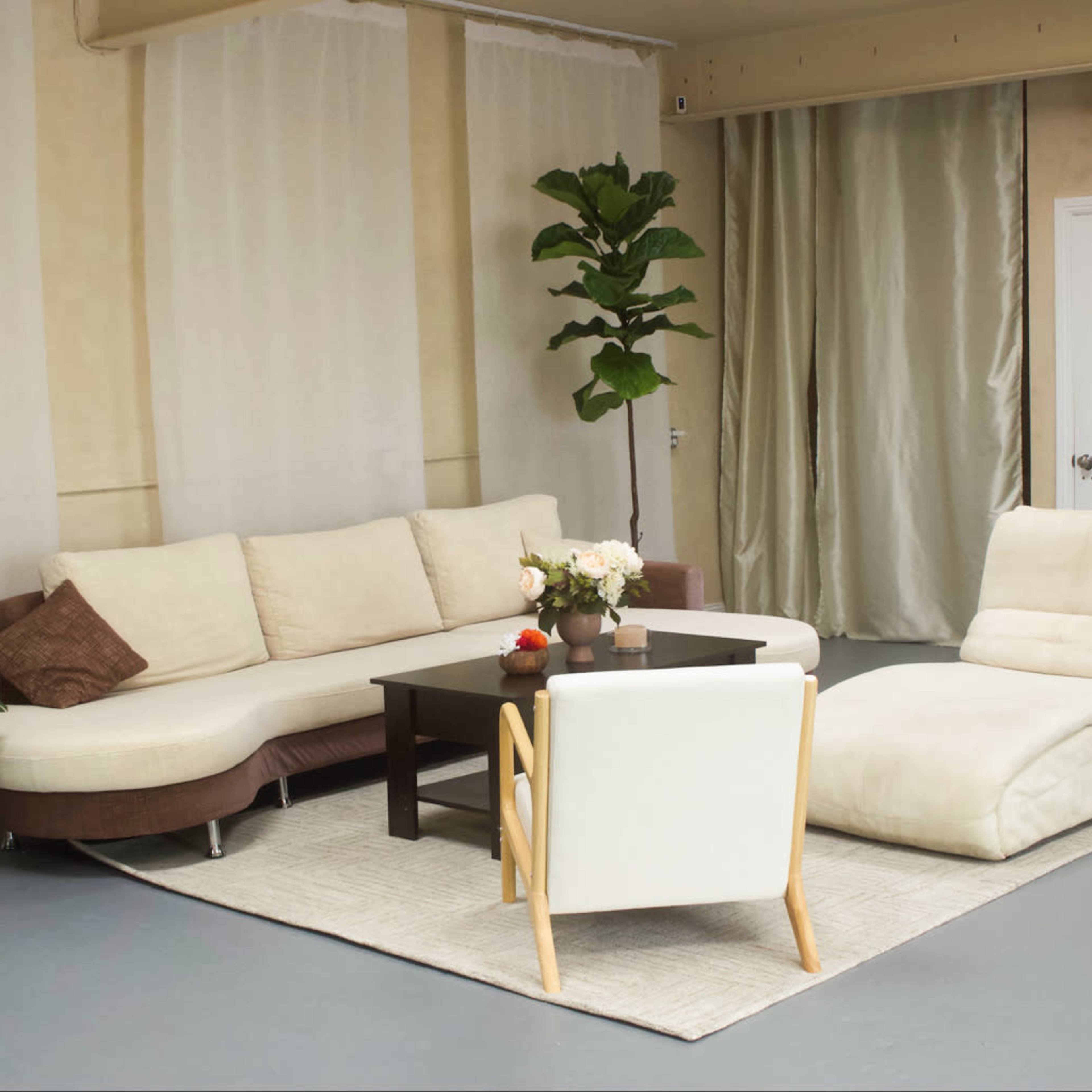 The room features a curved white sofa, a modern chair, a brown coffee table, and plants against light-colored walls.