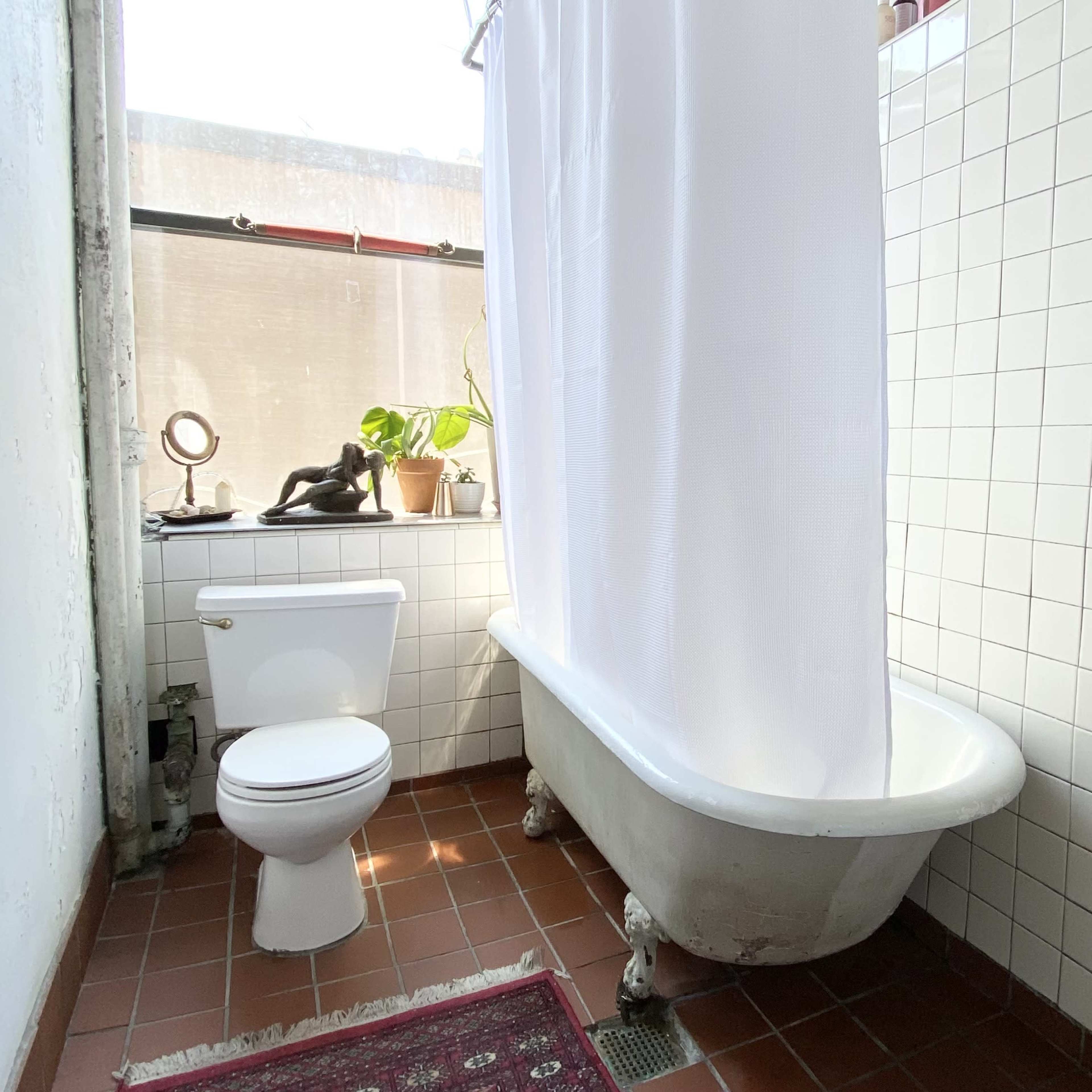 A bathroom featuring a clawfoot bathtub with a shower curtain, a toilet, and a small window with a potted plant.