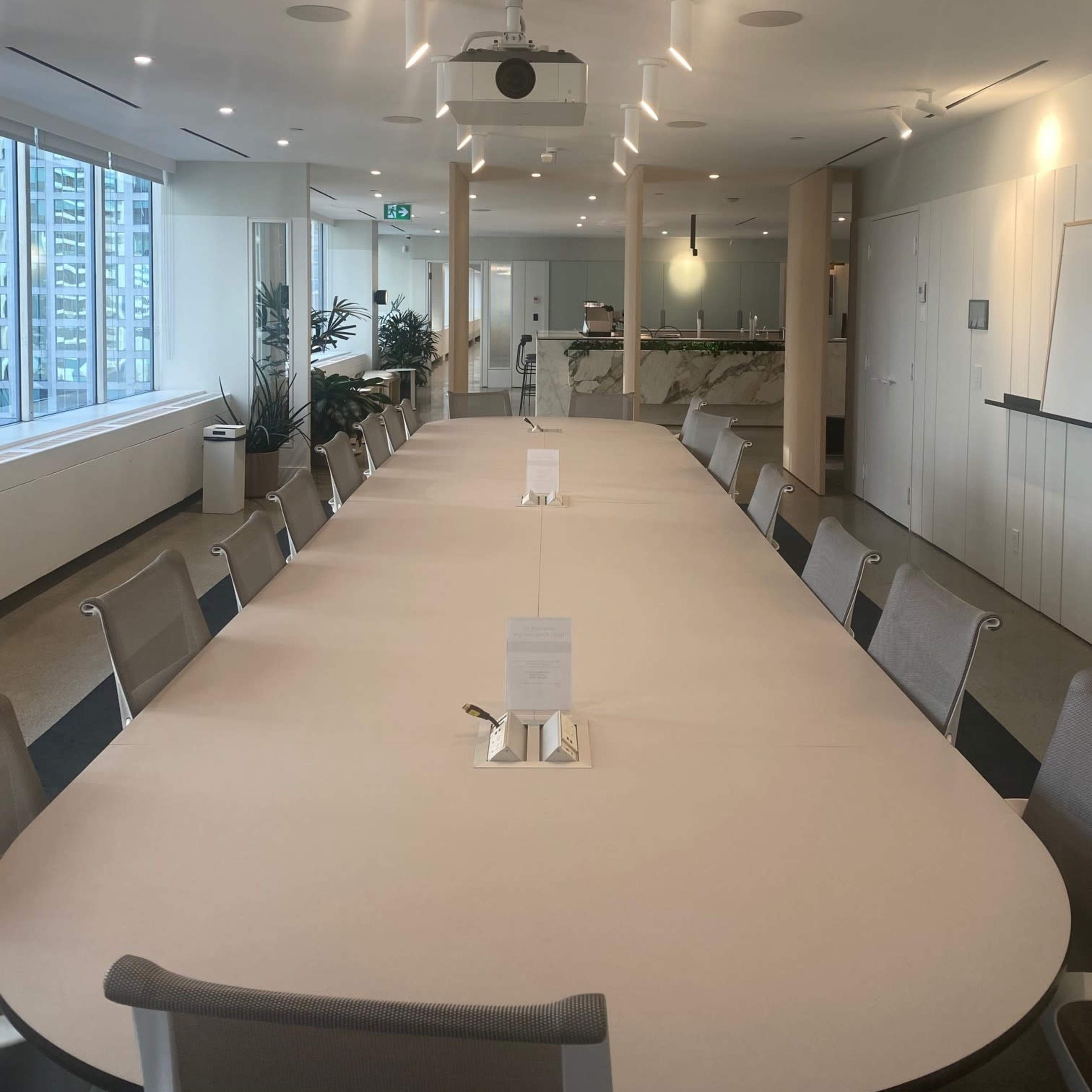 A large, modern conference room with a long oval table surrounded by chairs, windows allowing natural light, and a projector mounted on the ceiling.