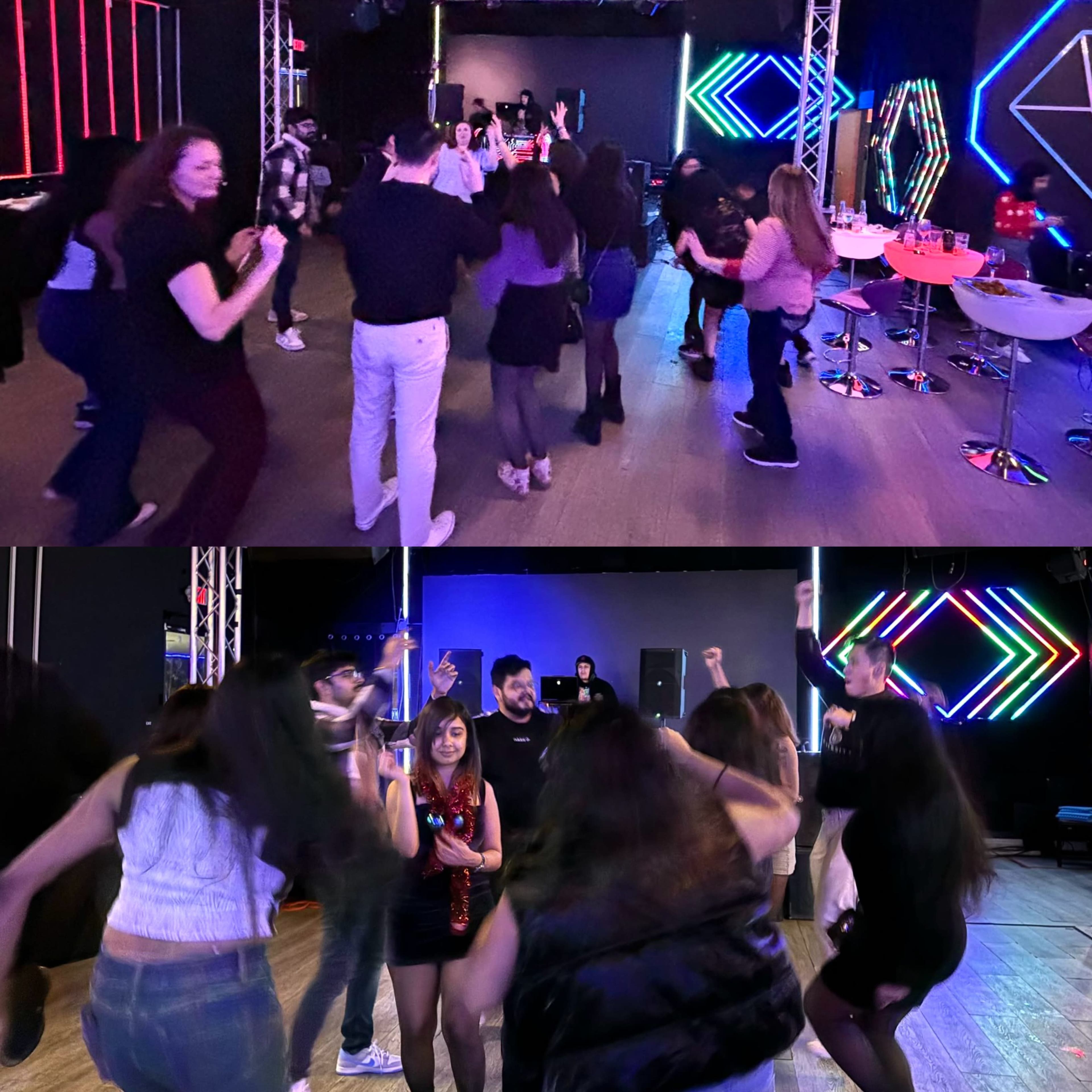 A lively dance floor inside a venue, with people of various ages dancing and enjoying themselves under colorful lights.