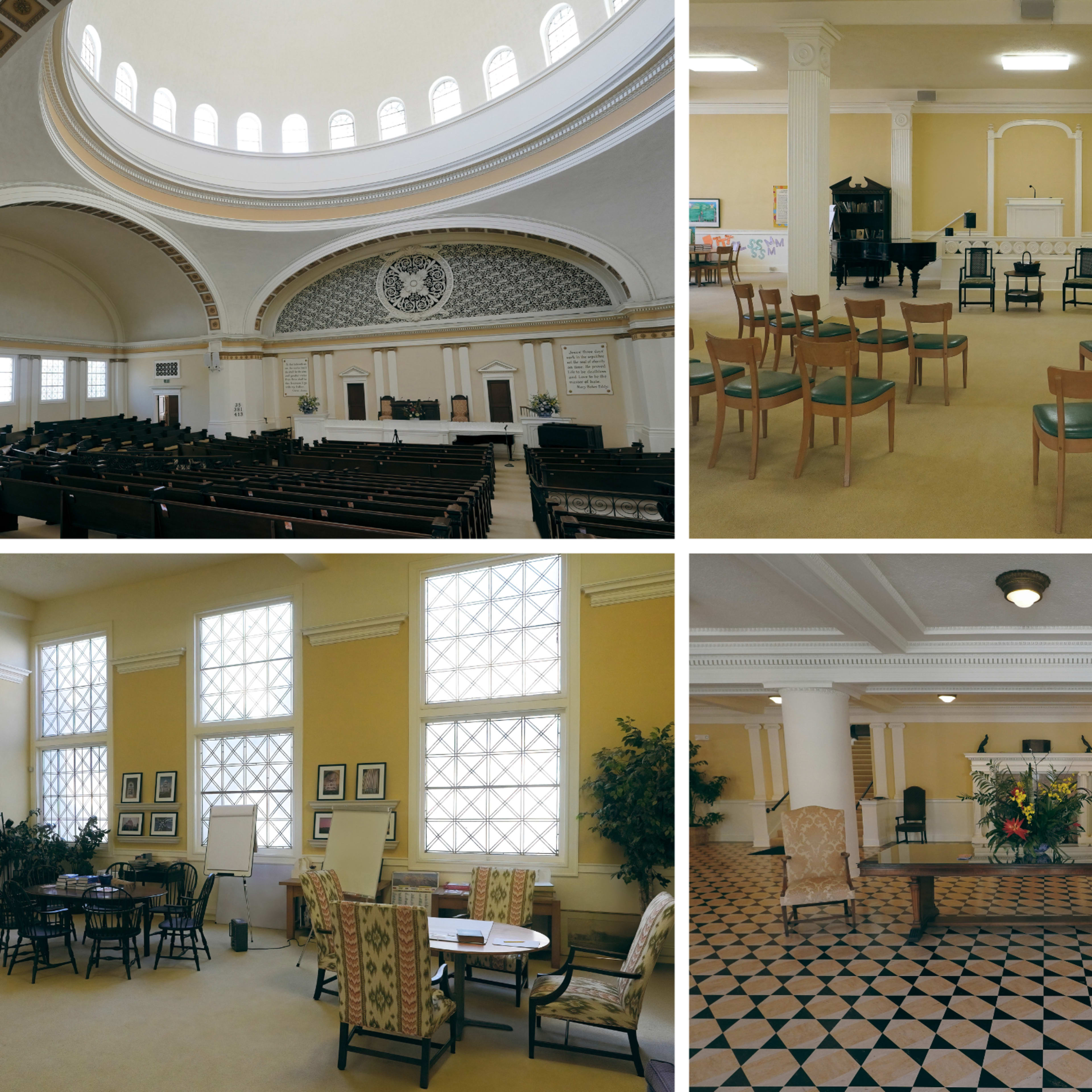 Four interior views of a spacious hall featuring rows of wooden benches, a set of chairs, and large windows allowing natural light to illuminate the rooms.