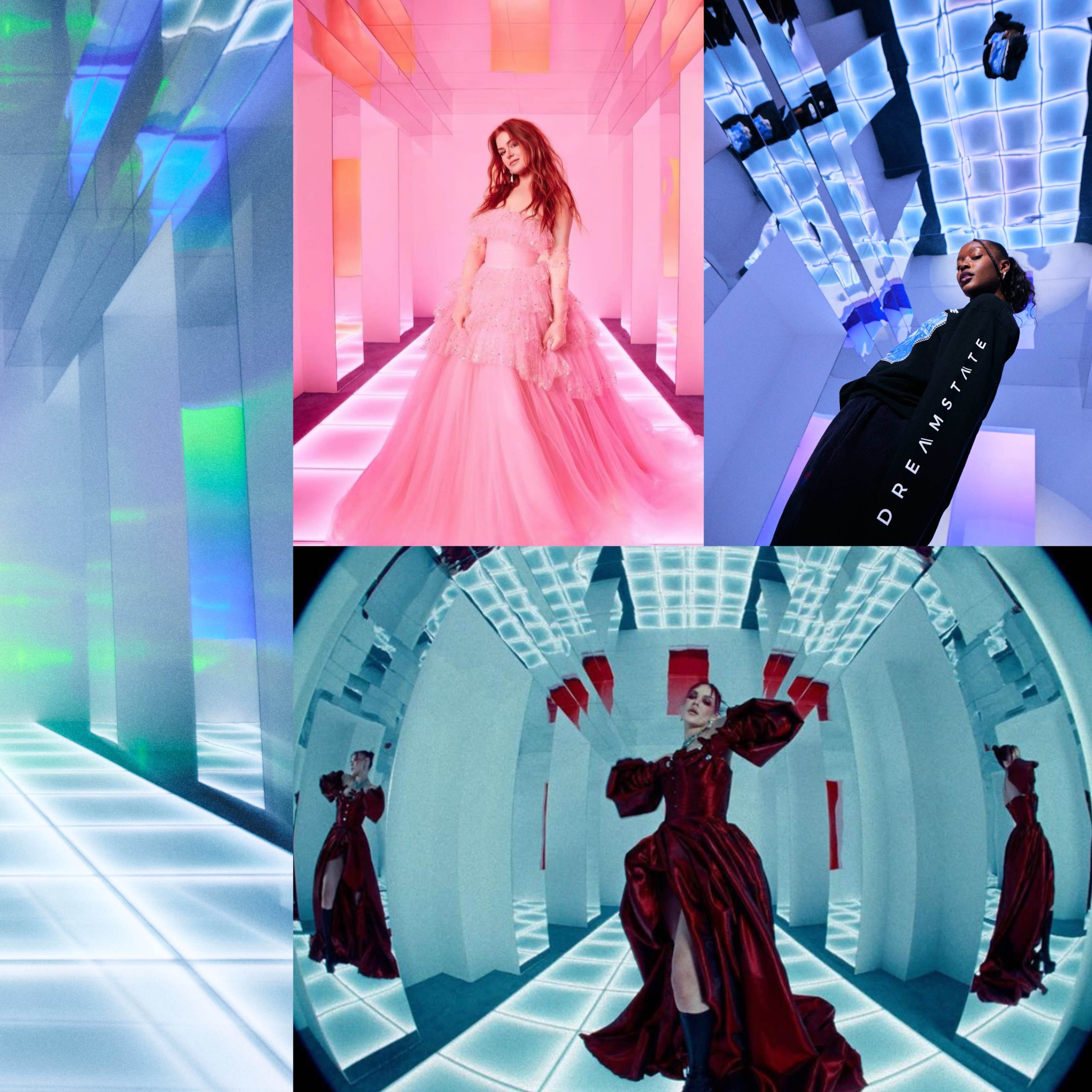 Four distinct scenes of individuals modeling stylish outfits in a vibrant, futuristic-lit environment with geometric patterns and colorful lighting.