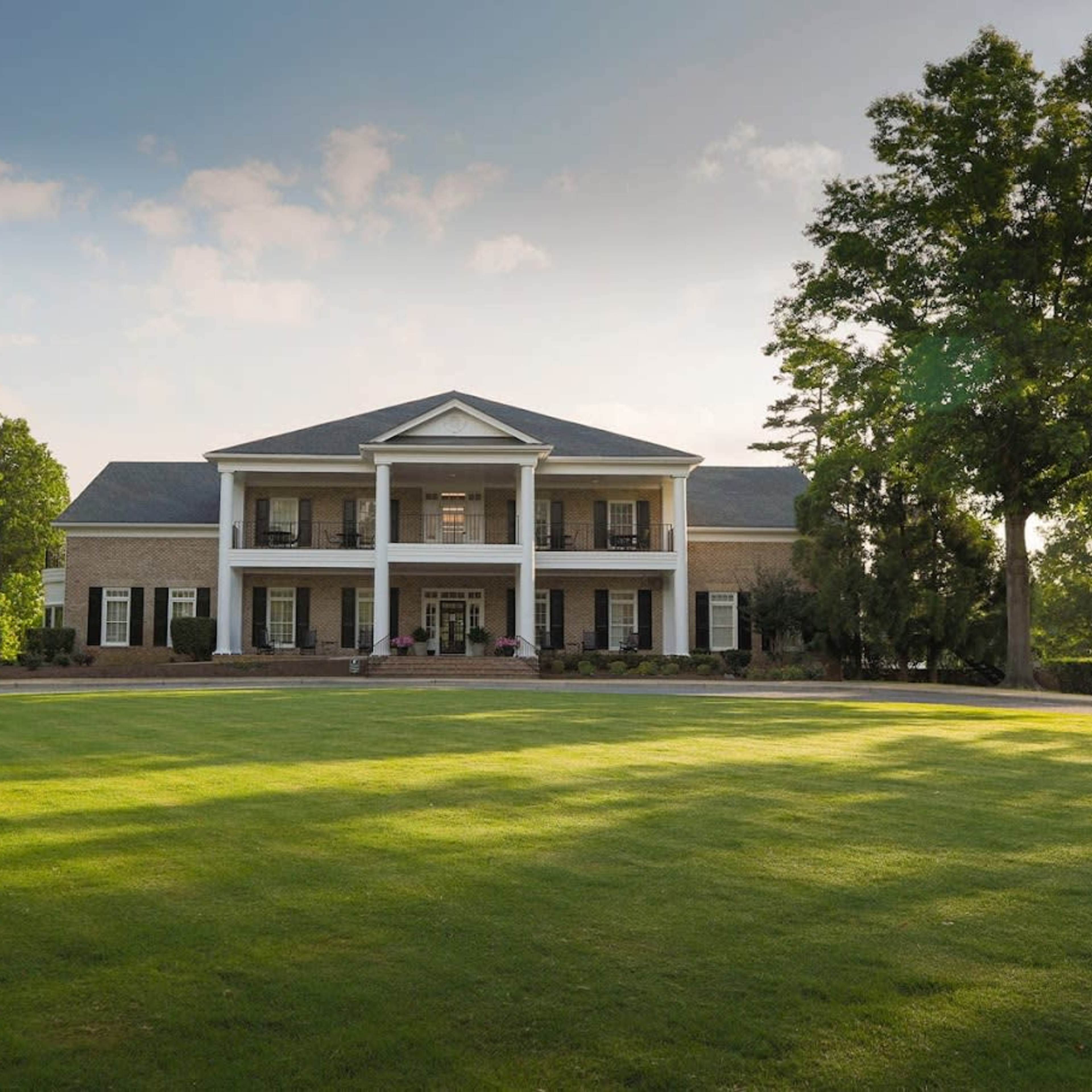 A large two-story brick house with a well-manicured lawn and several trees in the foreground is depicted.