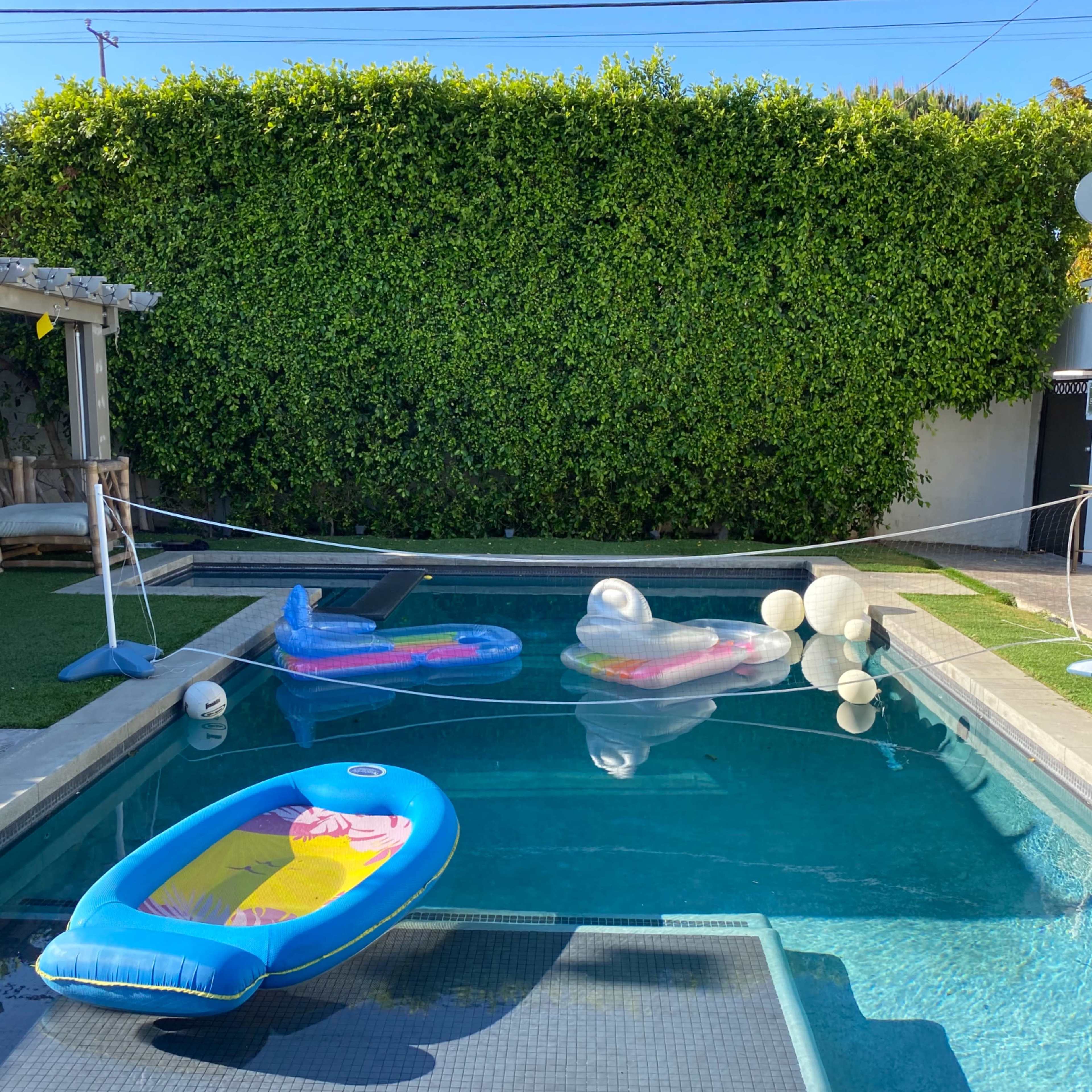 A pool area with two inflatable floats in the water and a lush green hedge in the background.