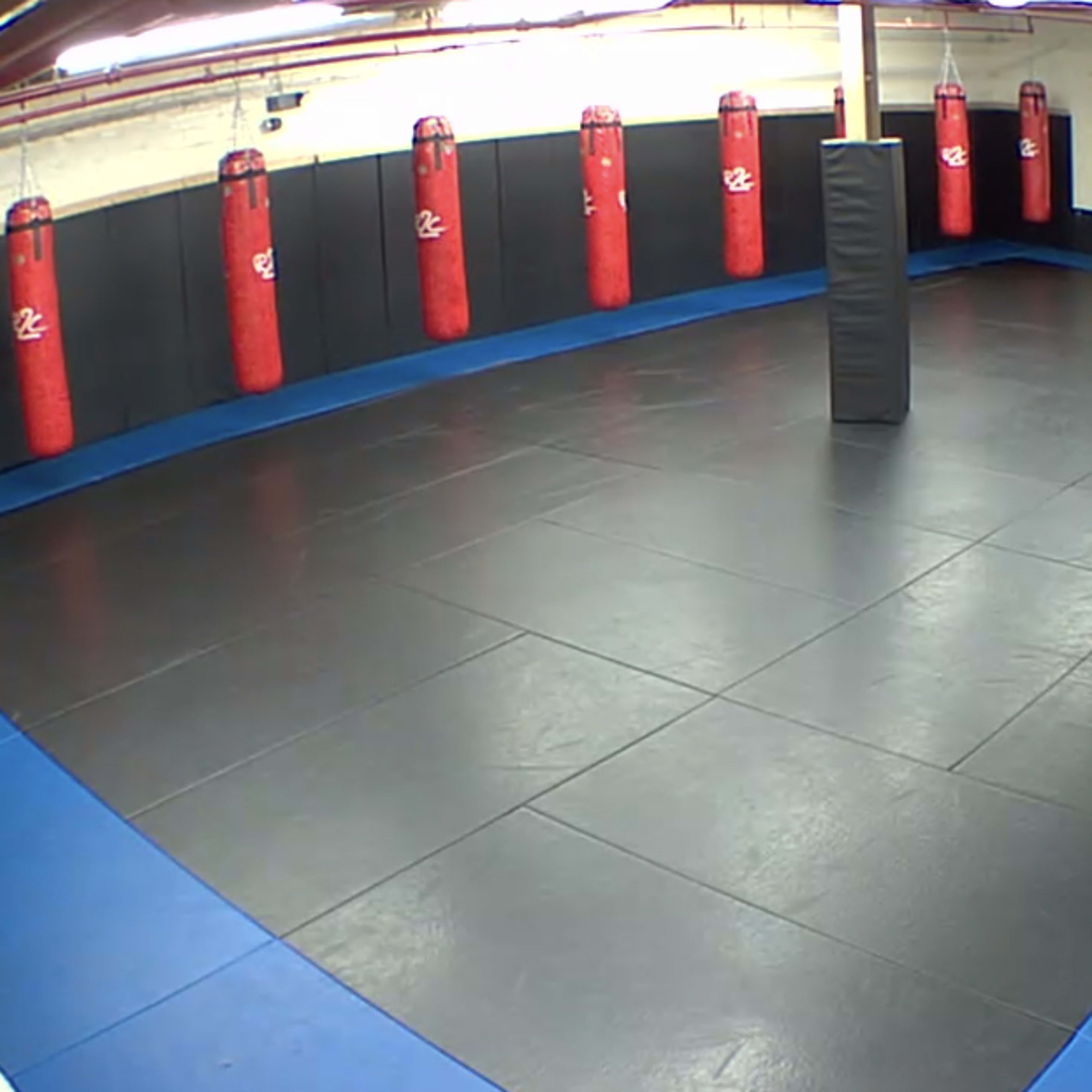 A training room with black and blue flooring, surrounded by red punching bags positioned against the walls.