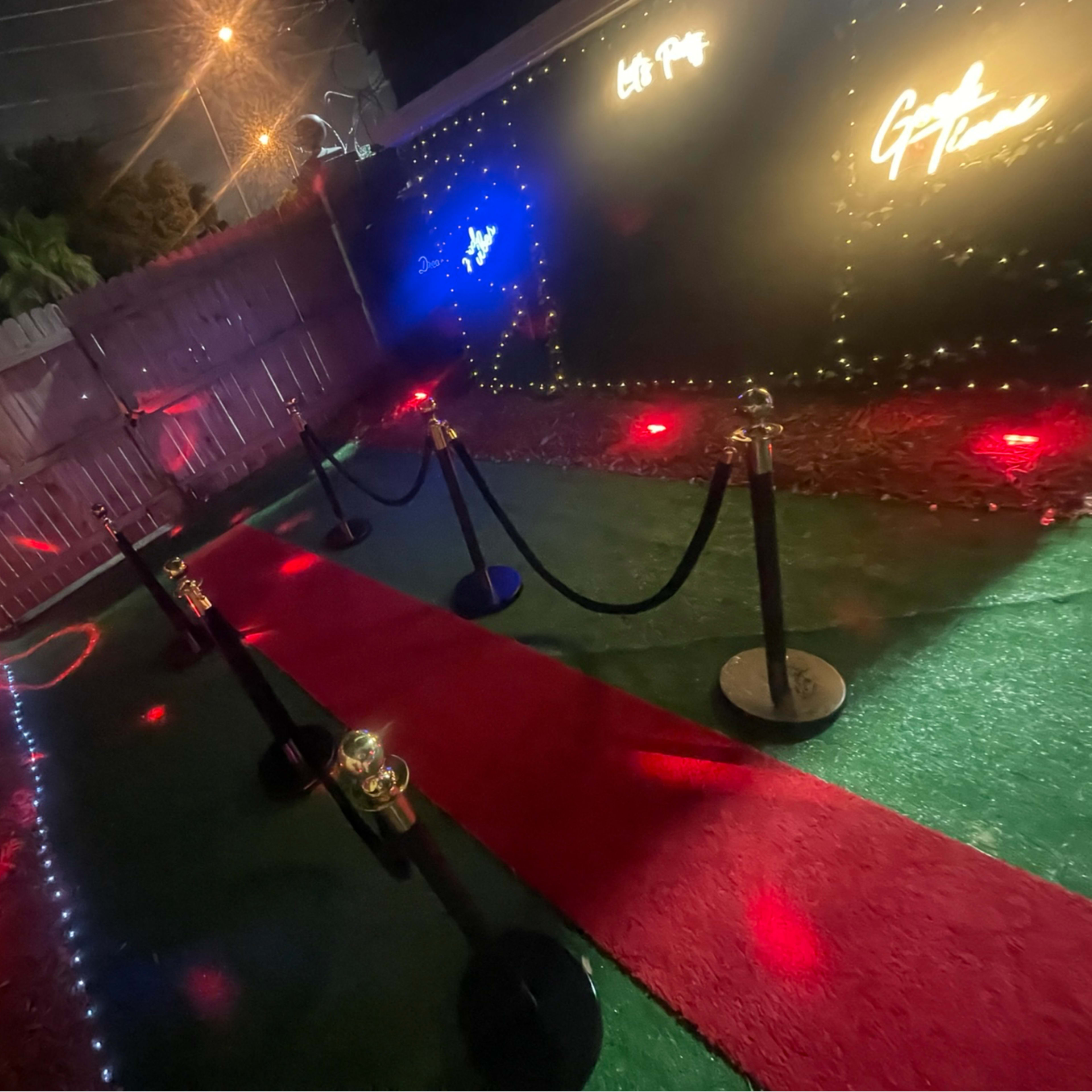 A red carpet is lined with stanchions, leading to a bright wall adorned with decorative lights in a dimly lit outdoor area.