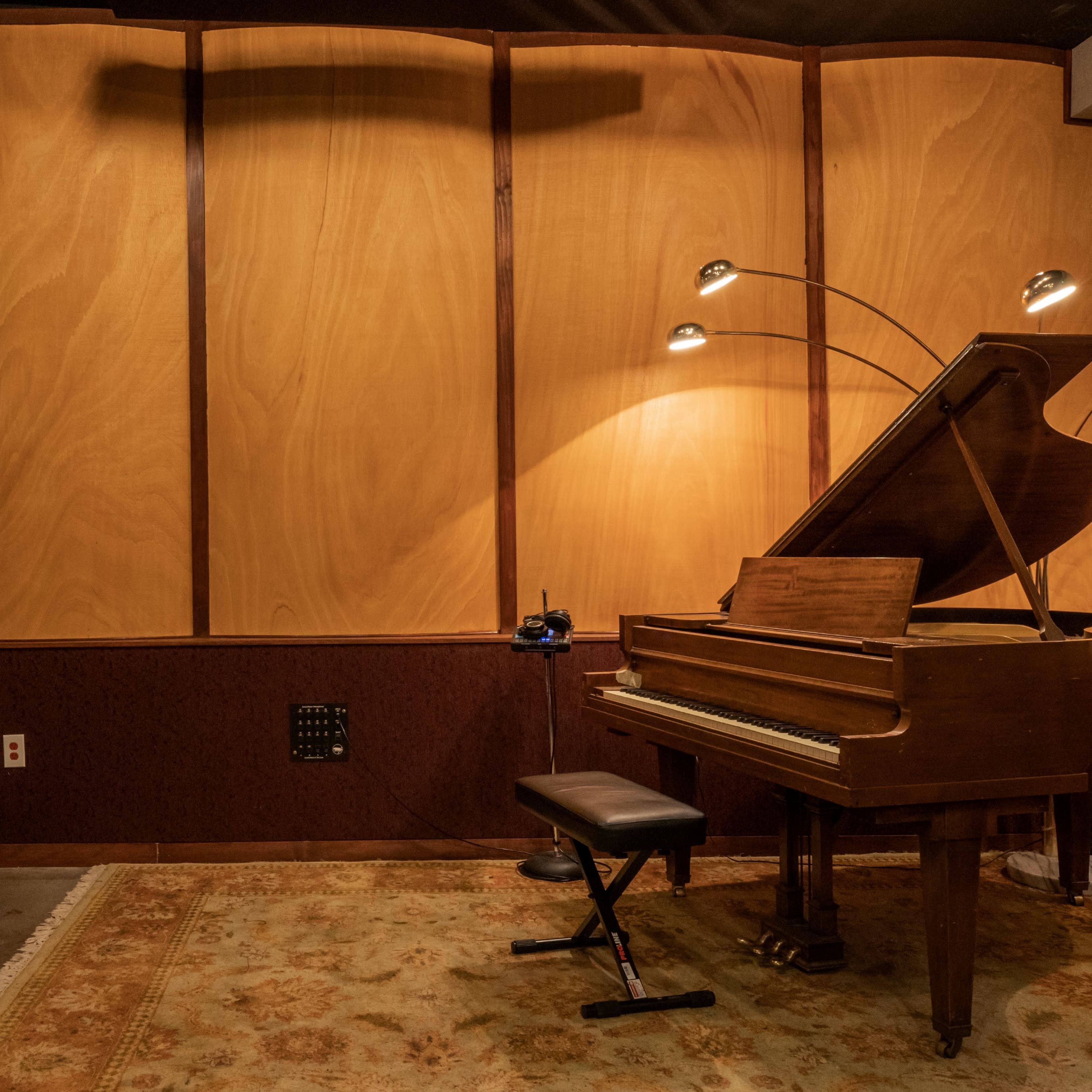 A grand piano is positioned next to a wooden wall in a dimly lit room, accompanied by a stool and a small rug.