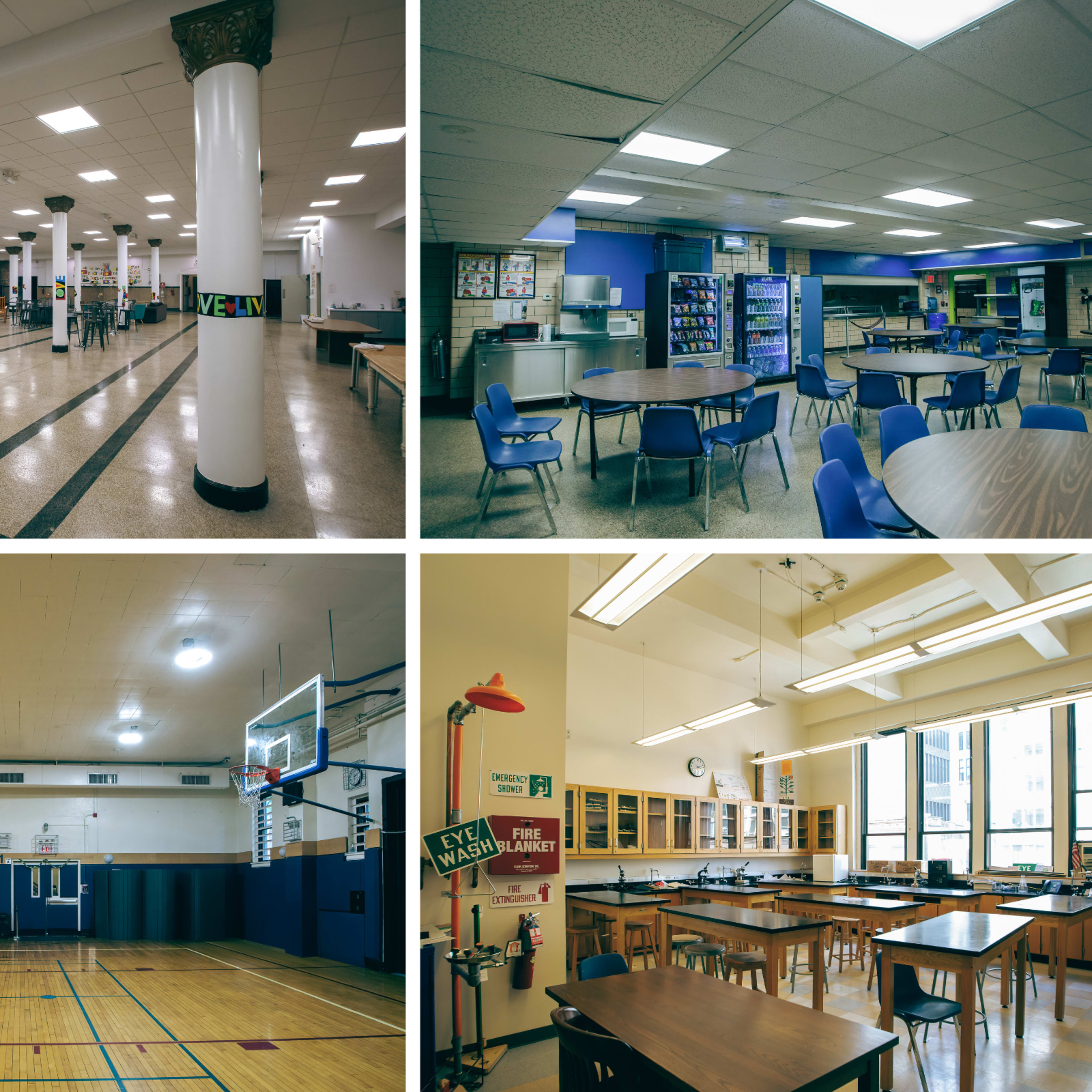 Four different indoor spaces, including a large hall with columns, a cafeteria area with tables, a gymnasium with basketball equipment, and a classroom with desks and windows.