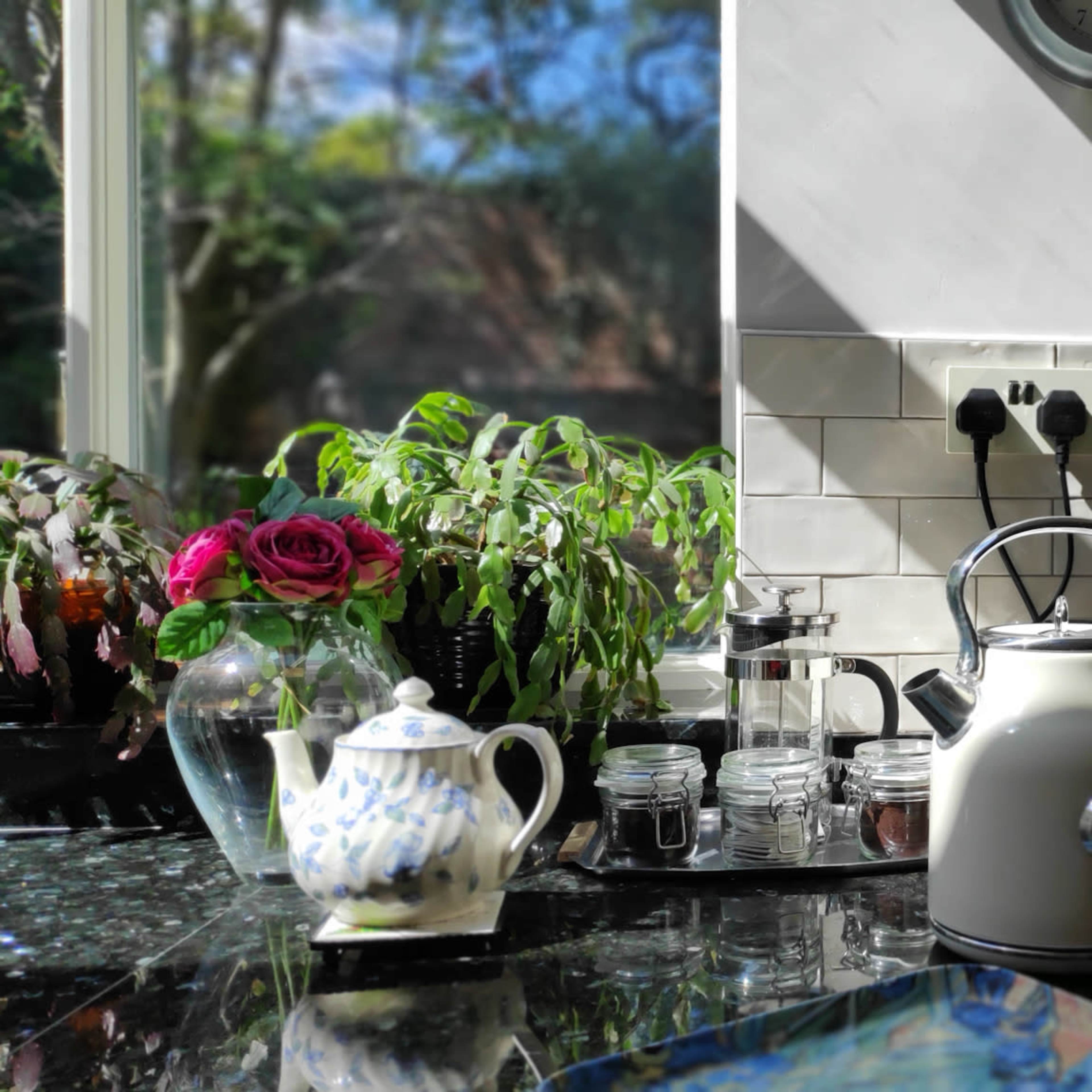 A kettle and a toaster are set on a counter beside a teapot and jars, with sunlight streaming through a window.
