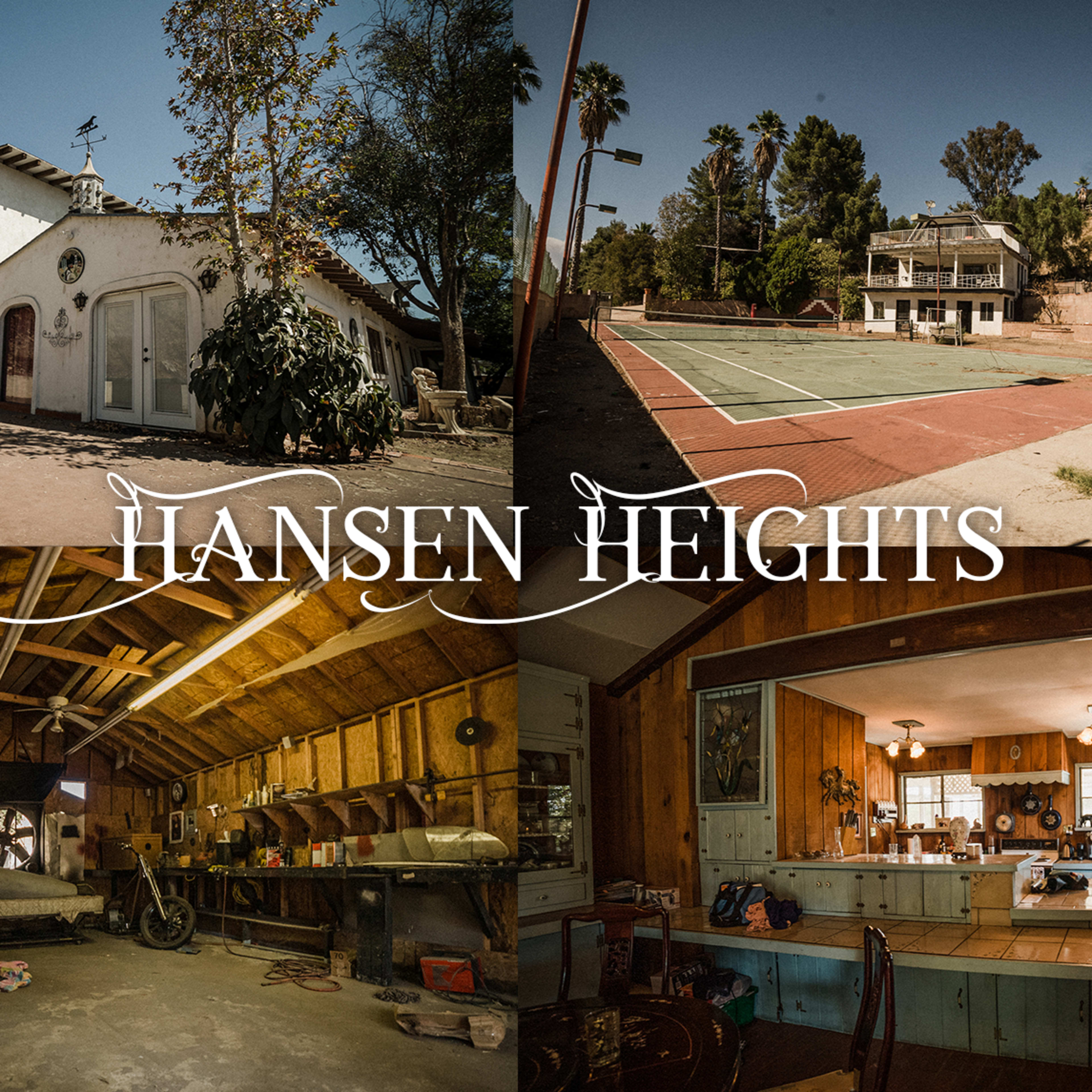 A collage of a residential property named "Hansen Heights," featuring an exterior view of a house, a tennis court, a garage space, and an interior kitchen.