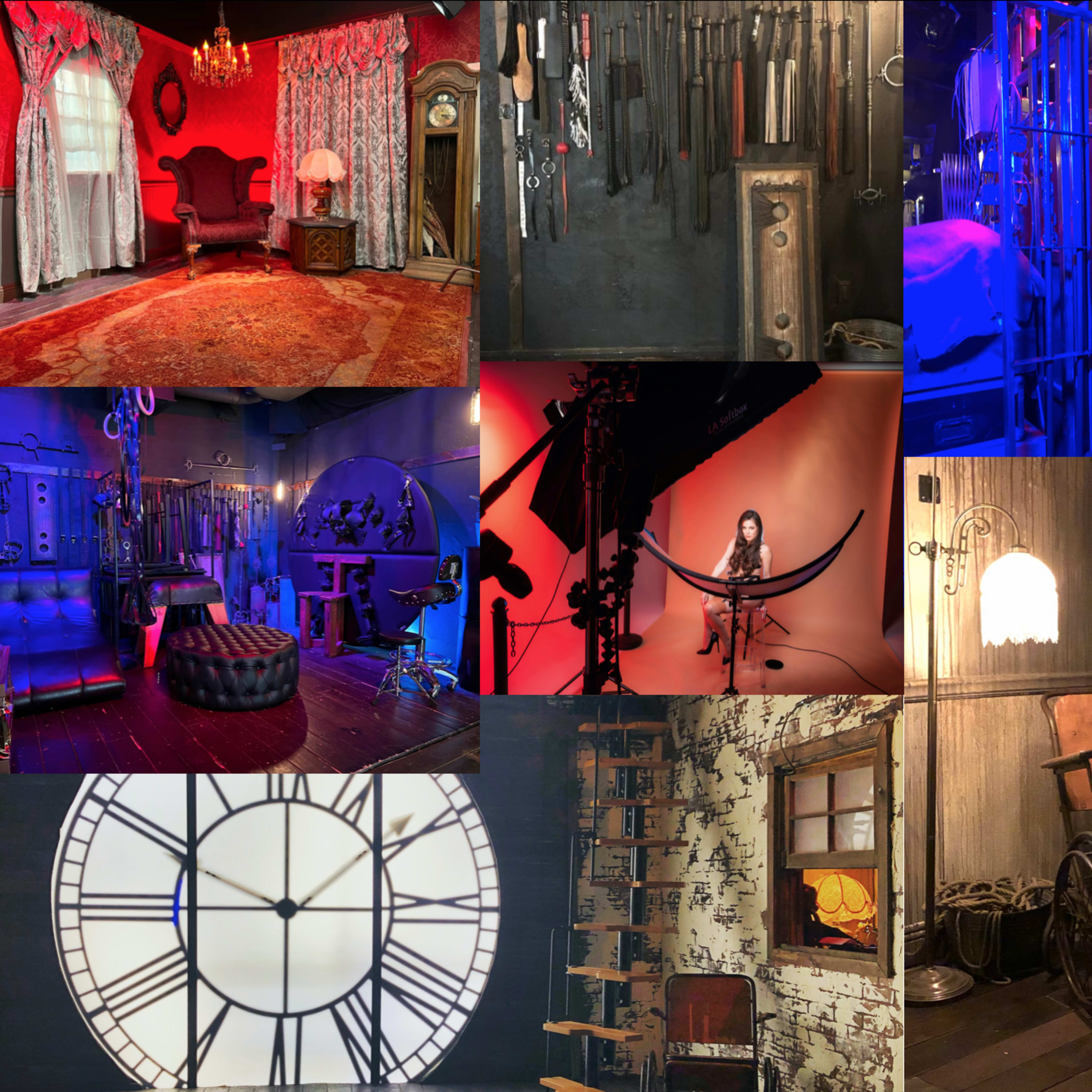 A collage of various interior scenes, including a red-themed room with vintage furniture, a dimly lit storage area filled with tools, a small jail cell, and several artistic setups featuring clocks, props, and an owl.