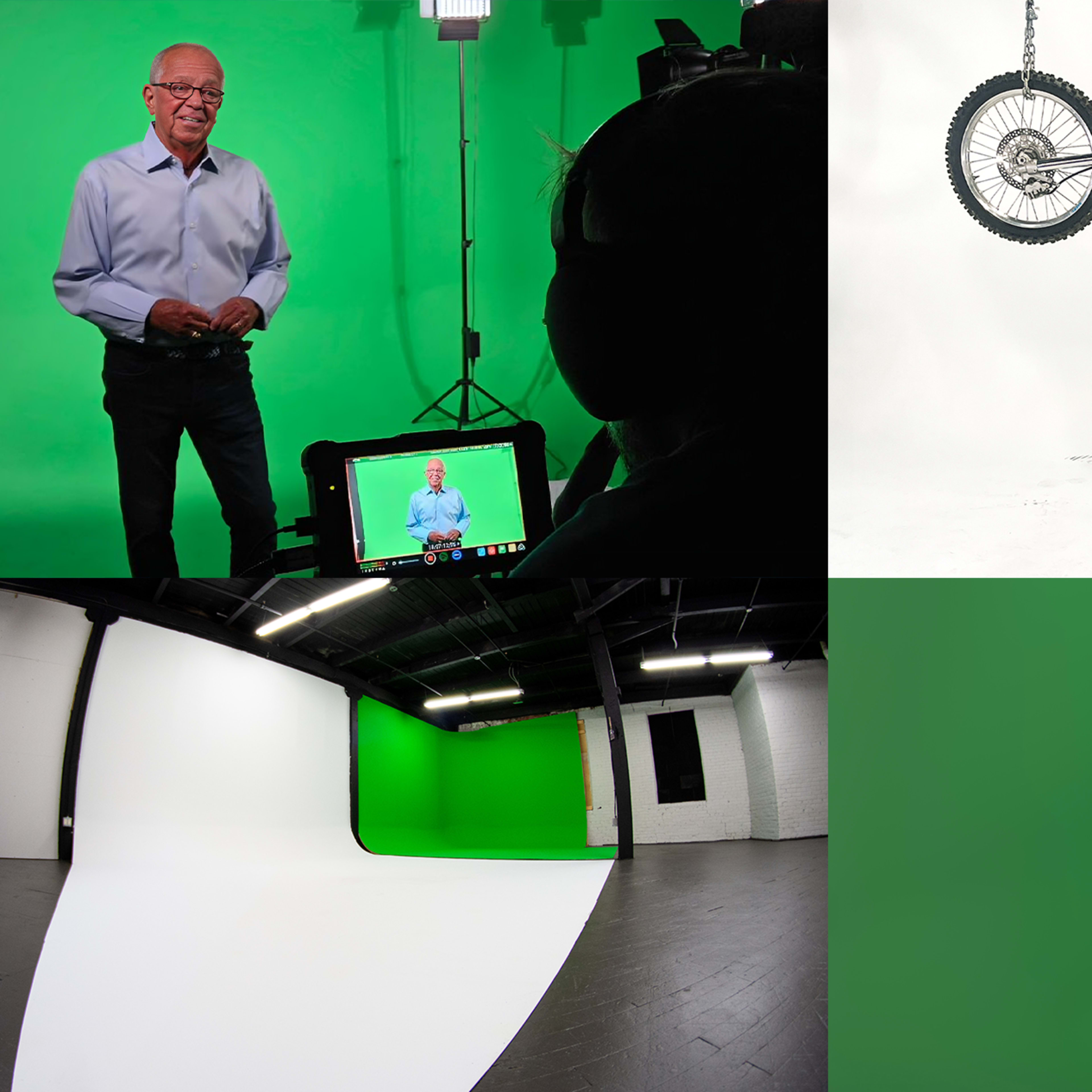 A split scene with four quadrants: a man speaking on camera in front of a green screen, a motorcycle stunt performer doing a trick, a large empty studio with white and green backdrops, and a man using a mobile phone while standing in front of a green backdrop.