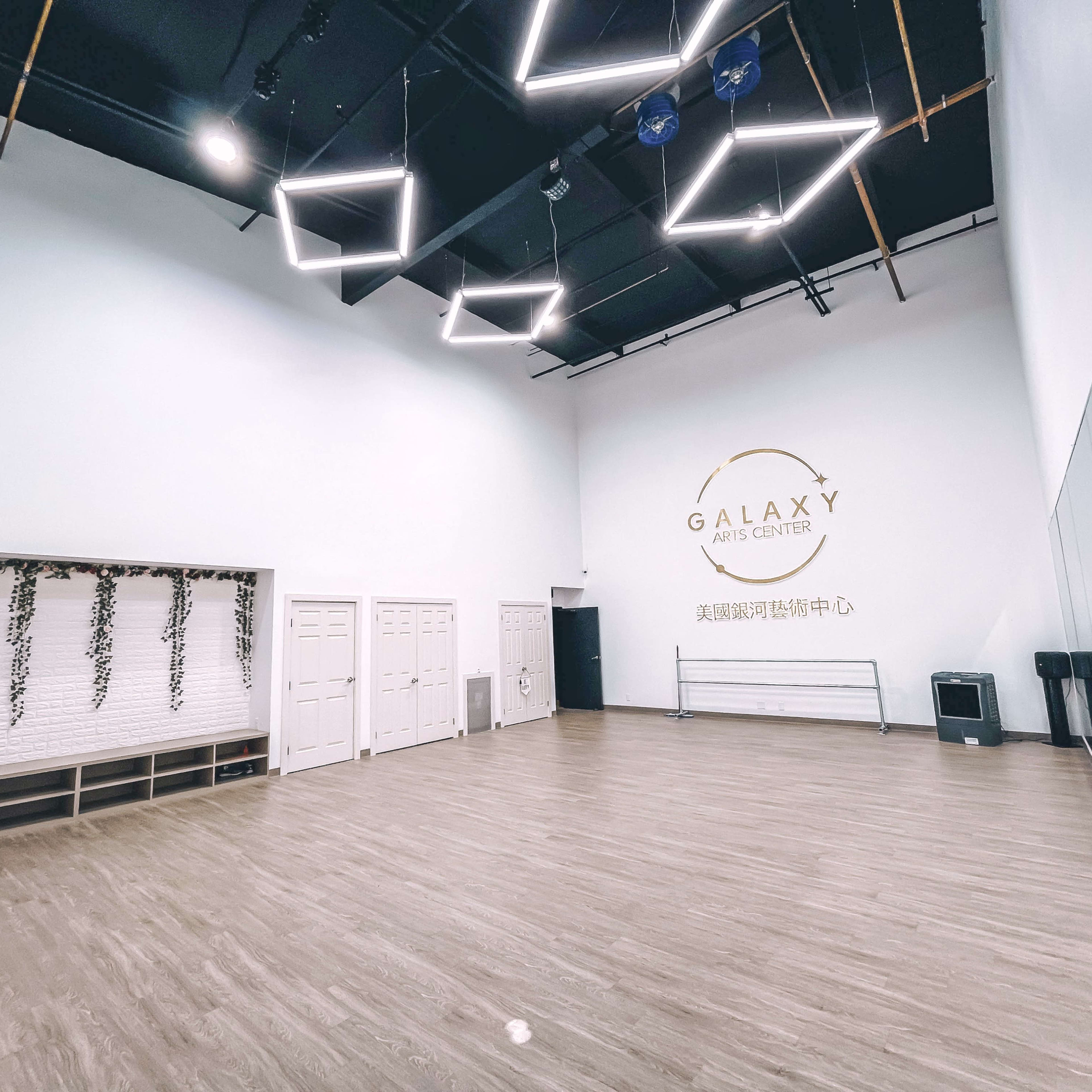 A spacious dance studio with a mirrored wall, wooden flooring, and minimalist decor, featuring modern lighting fixtures.
