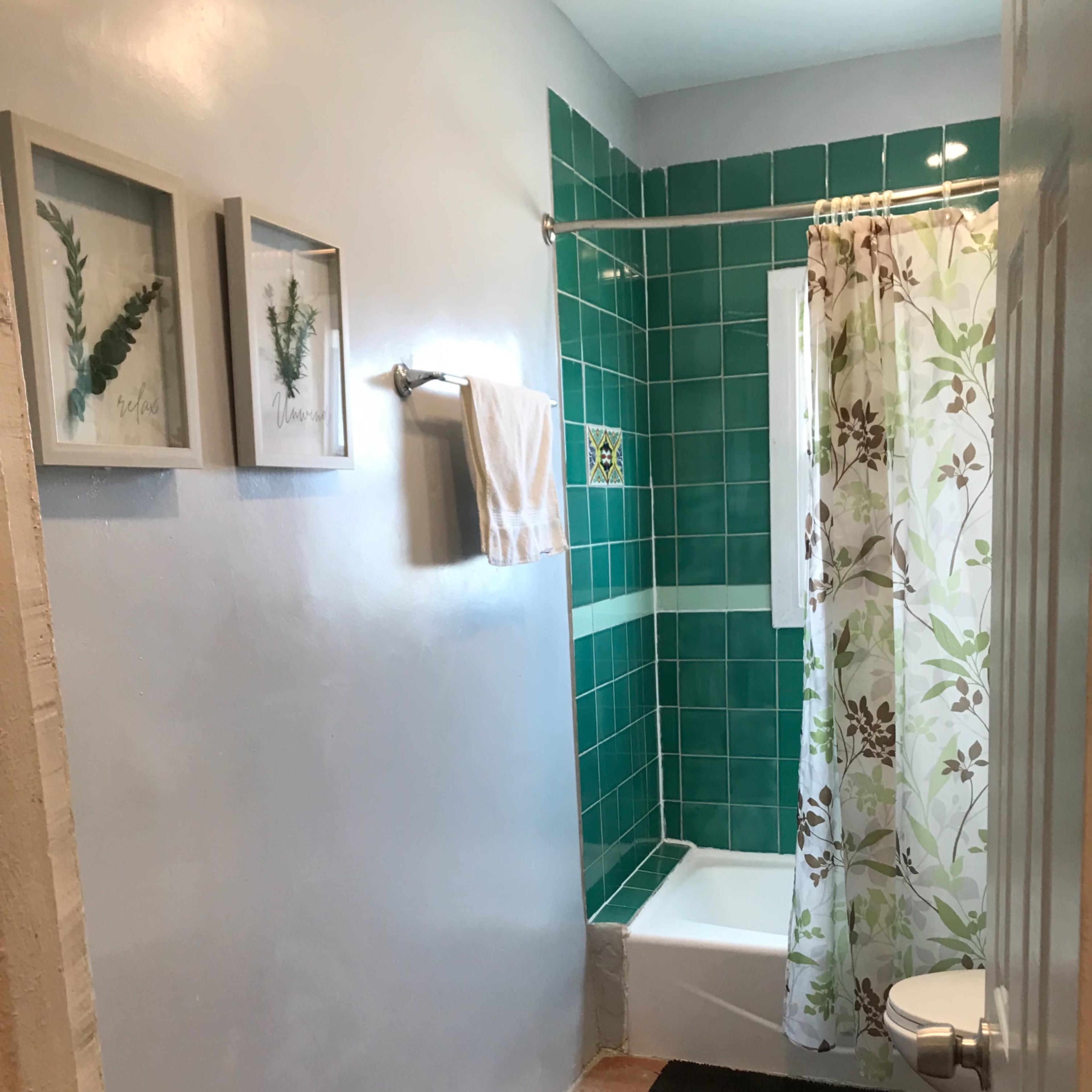 A small bathroom featuring a bathtub with a shower curtain, tiled walls in turquoise and white, and decorative framed plants.