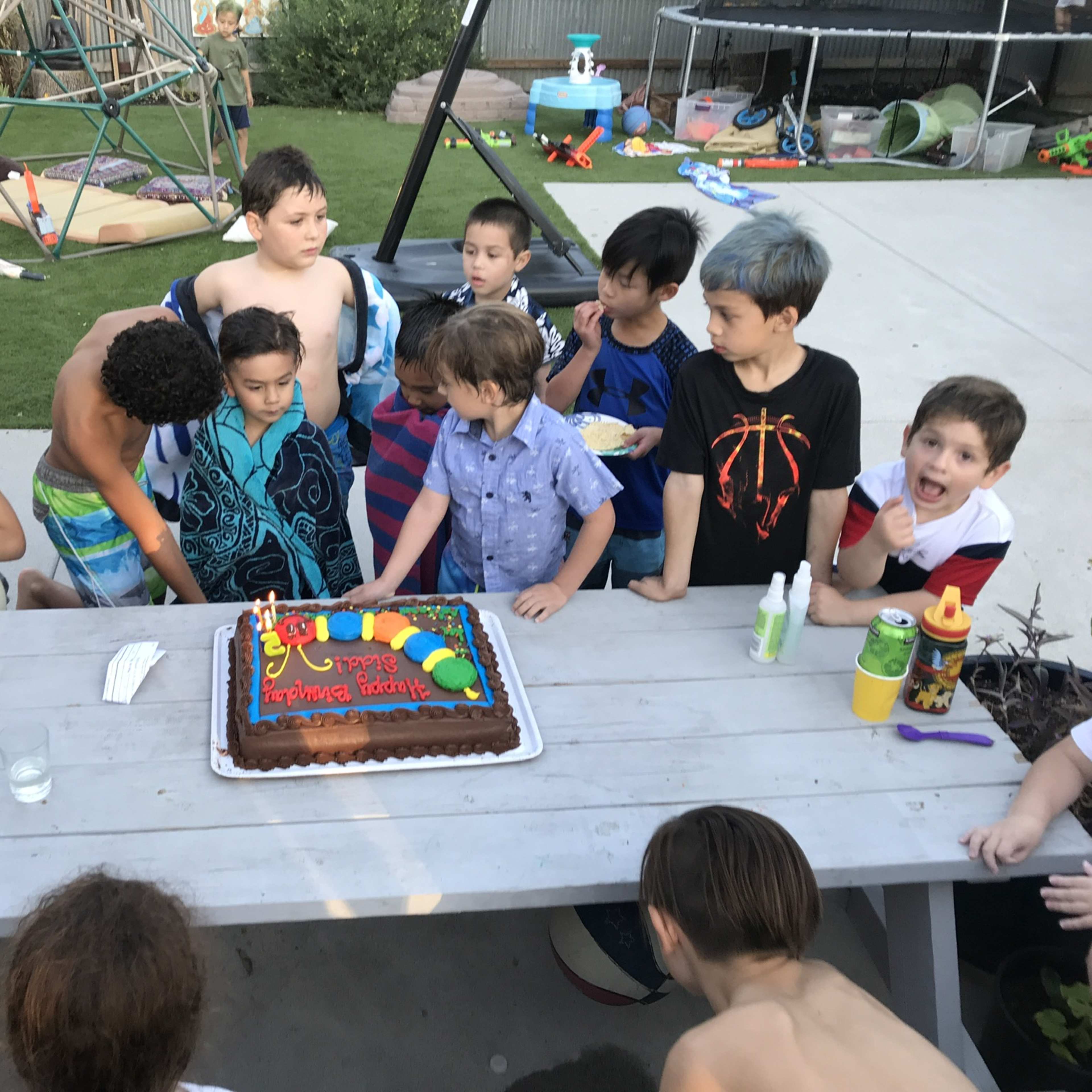 A group of children gathers around a birthday cake on a table in an outdoor setting.