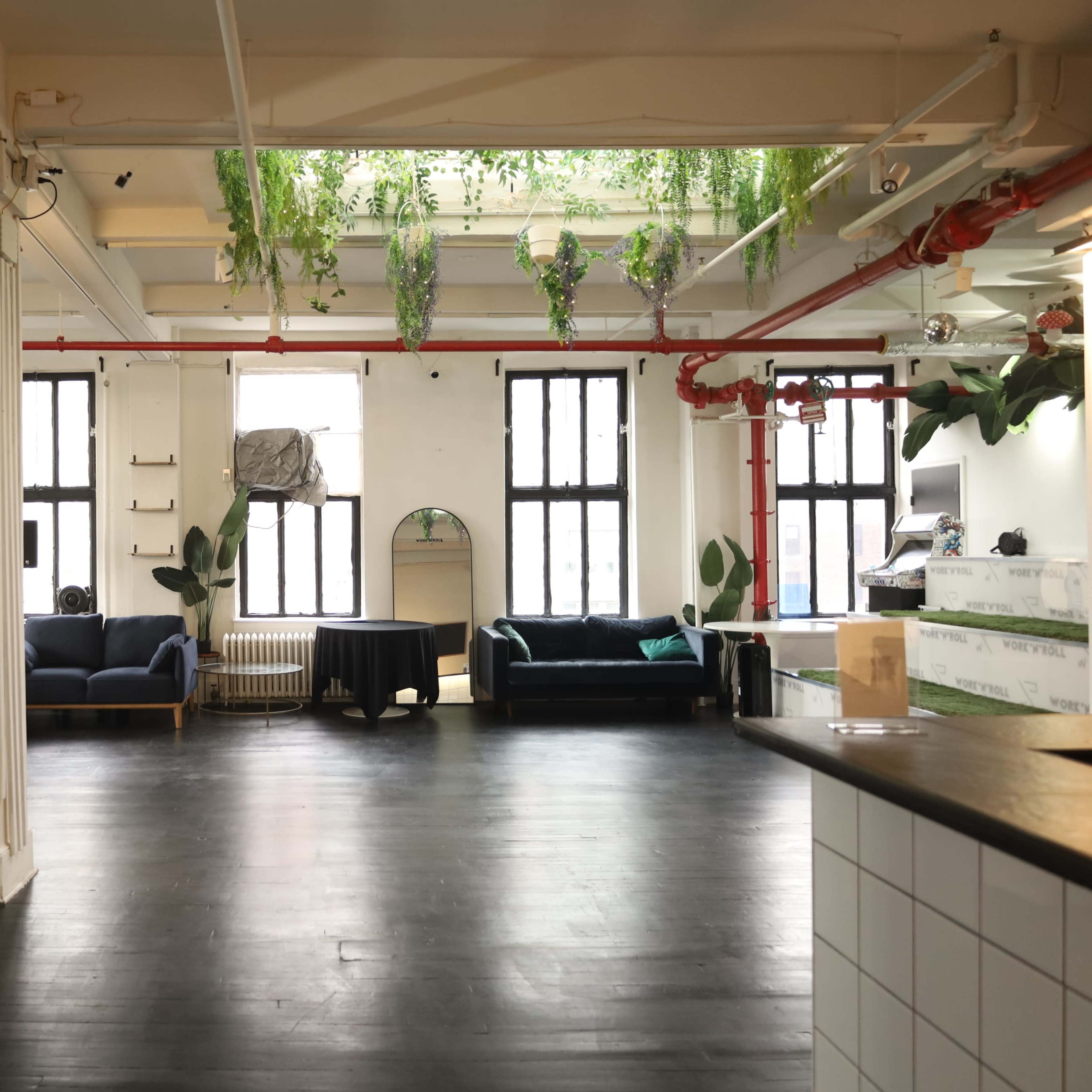 A spacious, well-lit interior featuring several seating areas, green plants hanging from the ceiling, and large windows.