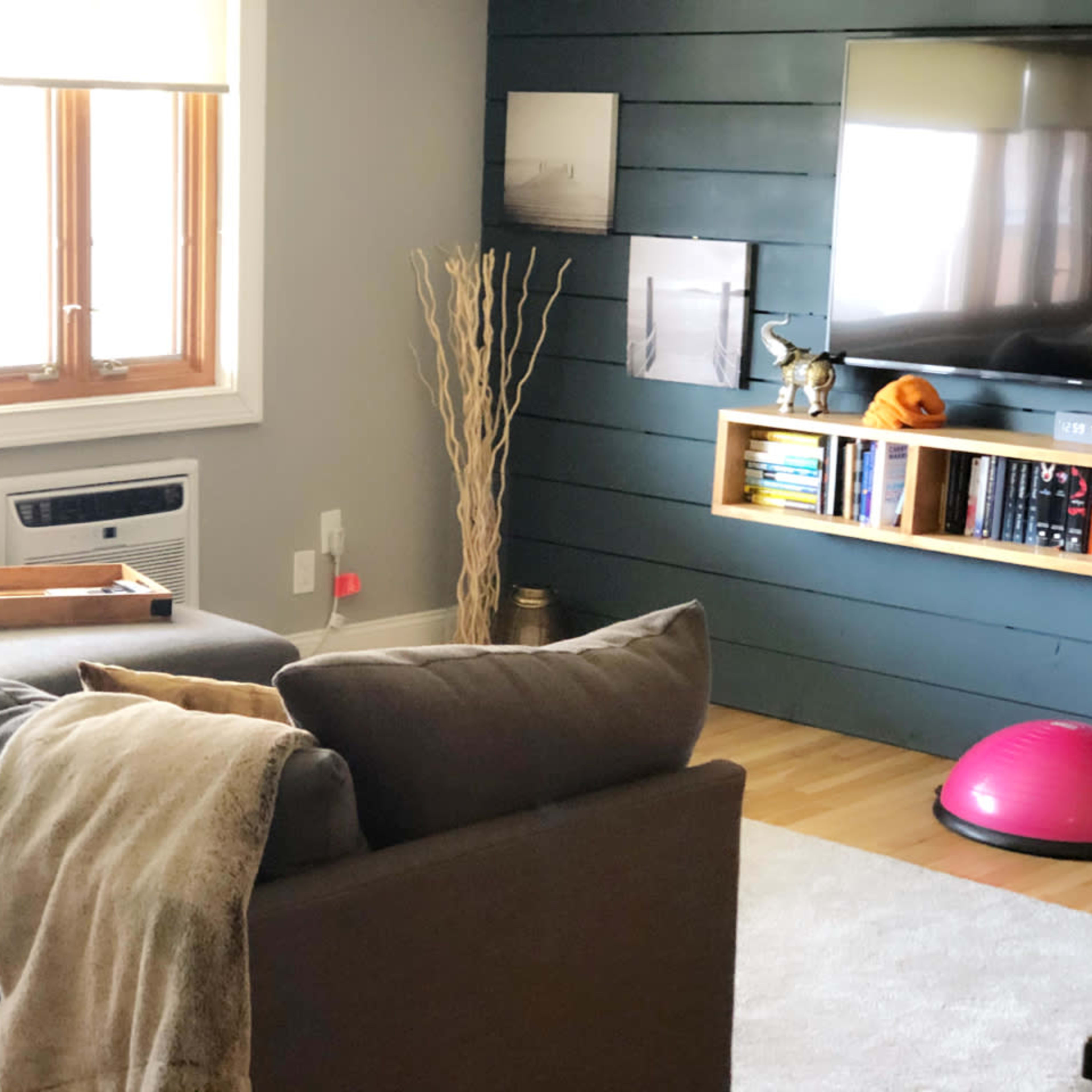 A living room features a gray sofa with cushions, an air conditioning unit, a television mounted on a dark wall, and shelves with books and decorative items.