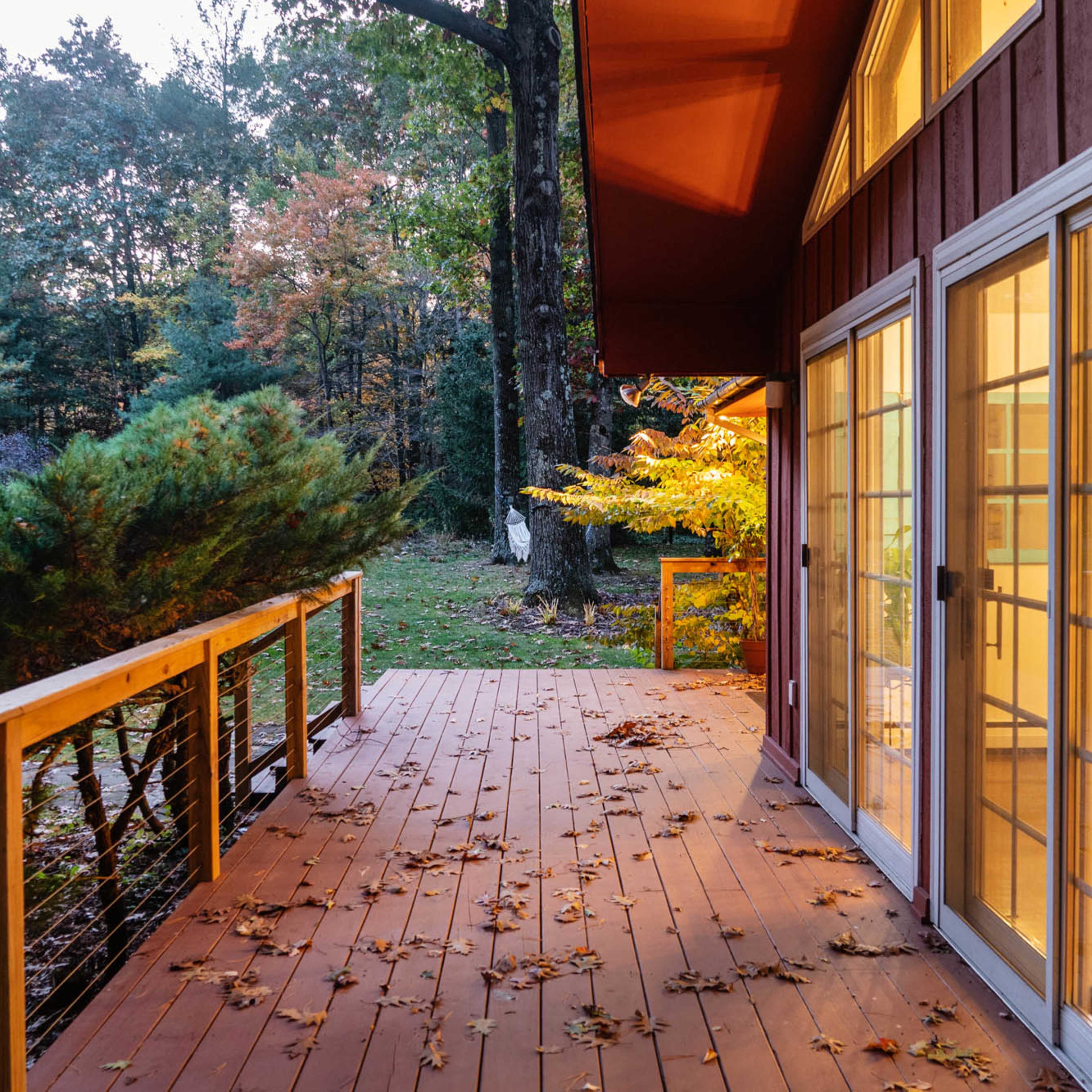 A wooden deck with fallen leaves overlooks a green yard surrounded by trees in the evening light.