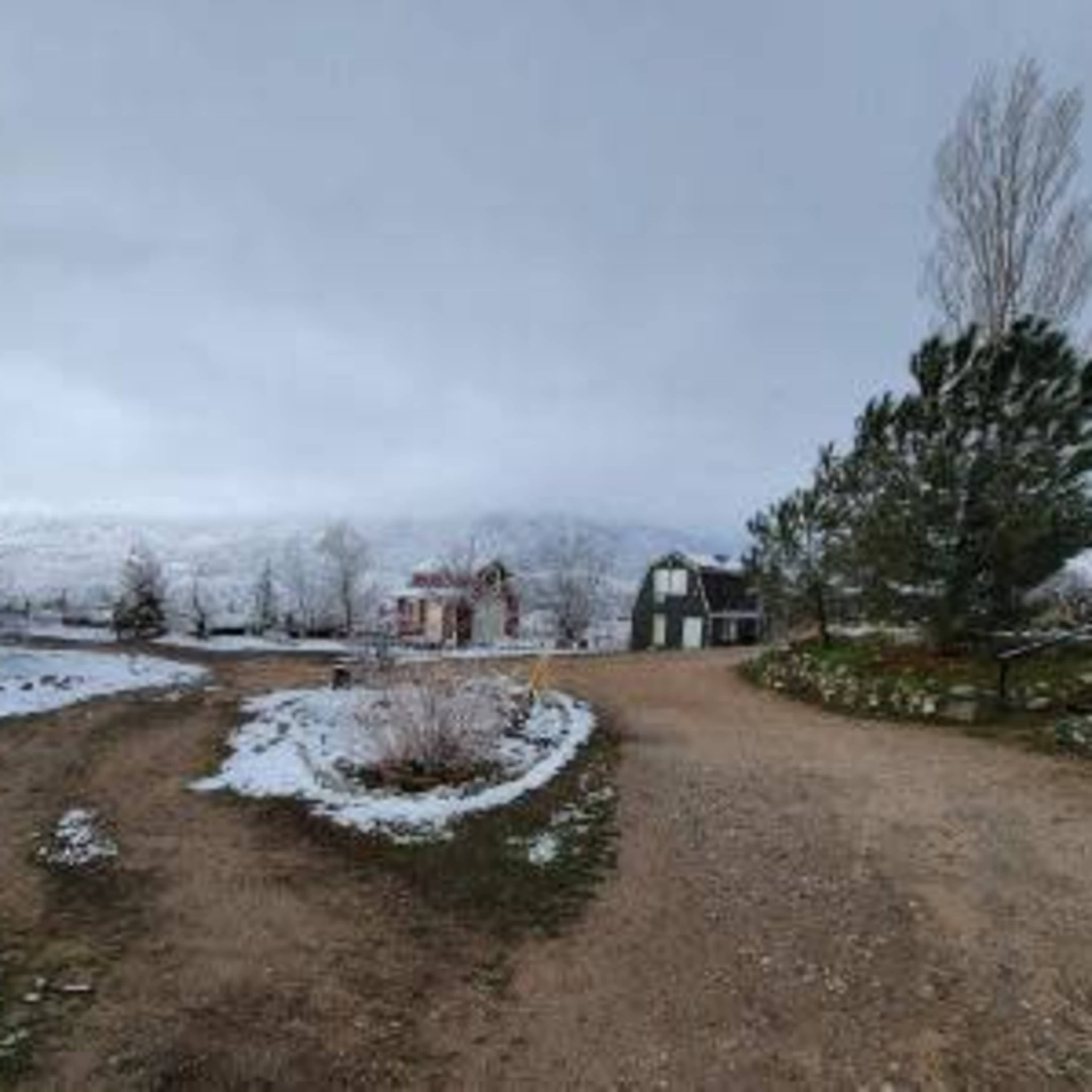 A gravel pathway leads through a snowy landscape with scattered trees and buildings in the background under a cloudy sky.