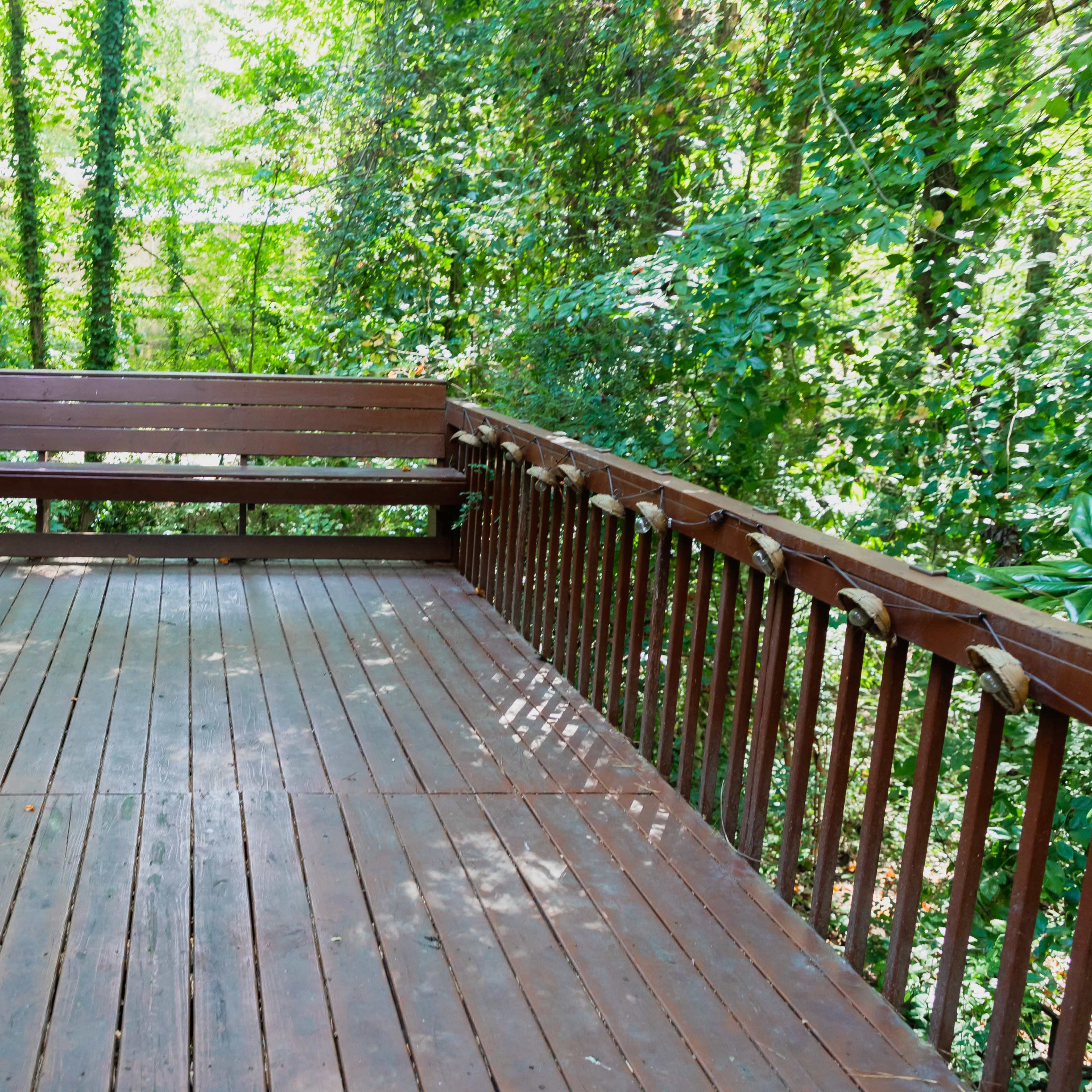 A wooden deck surrounded by dense greenery and trees.