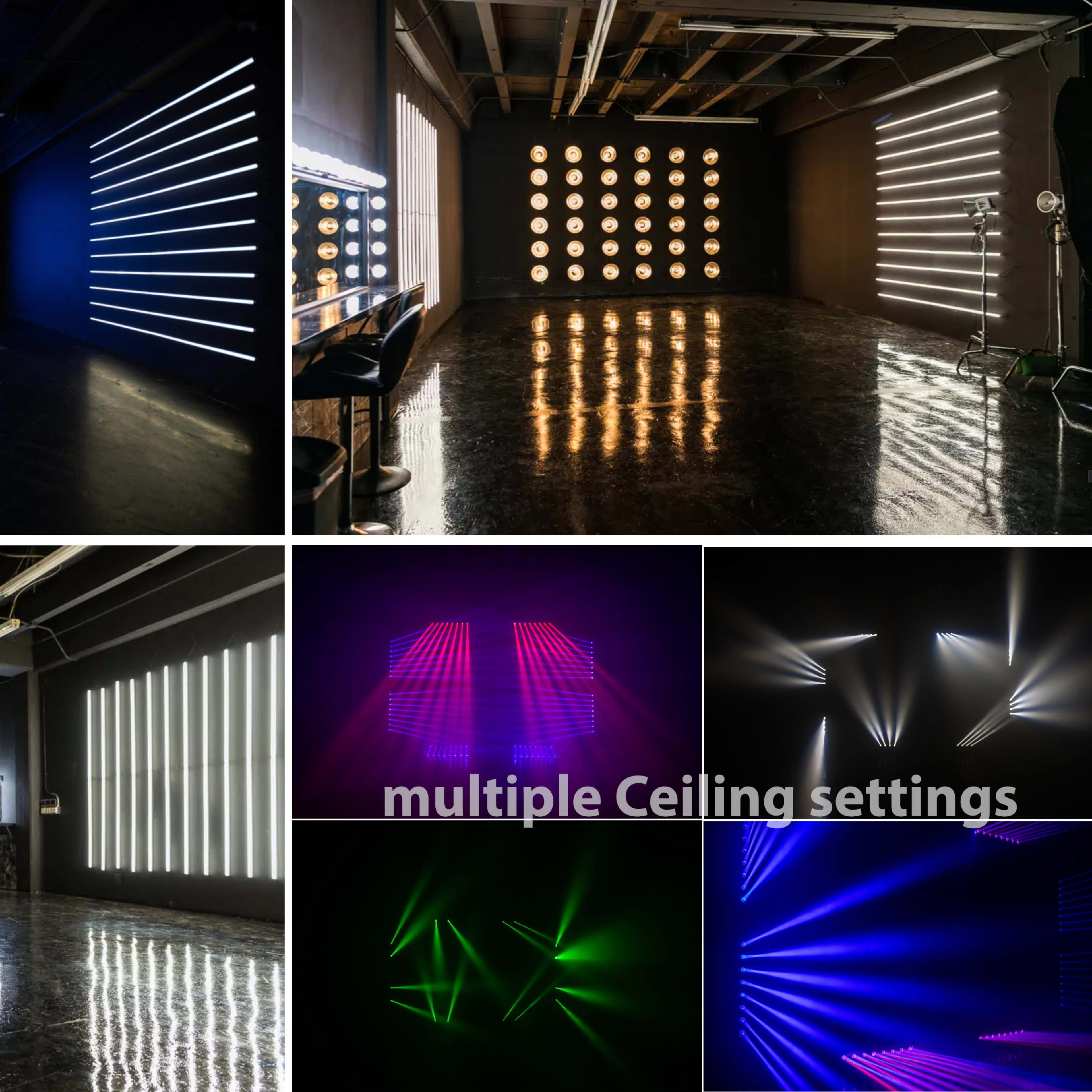 A photography studio with various lighting setups, featuring distinct wall-mounted light patterns and reflections on a dark floor.