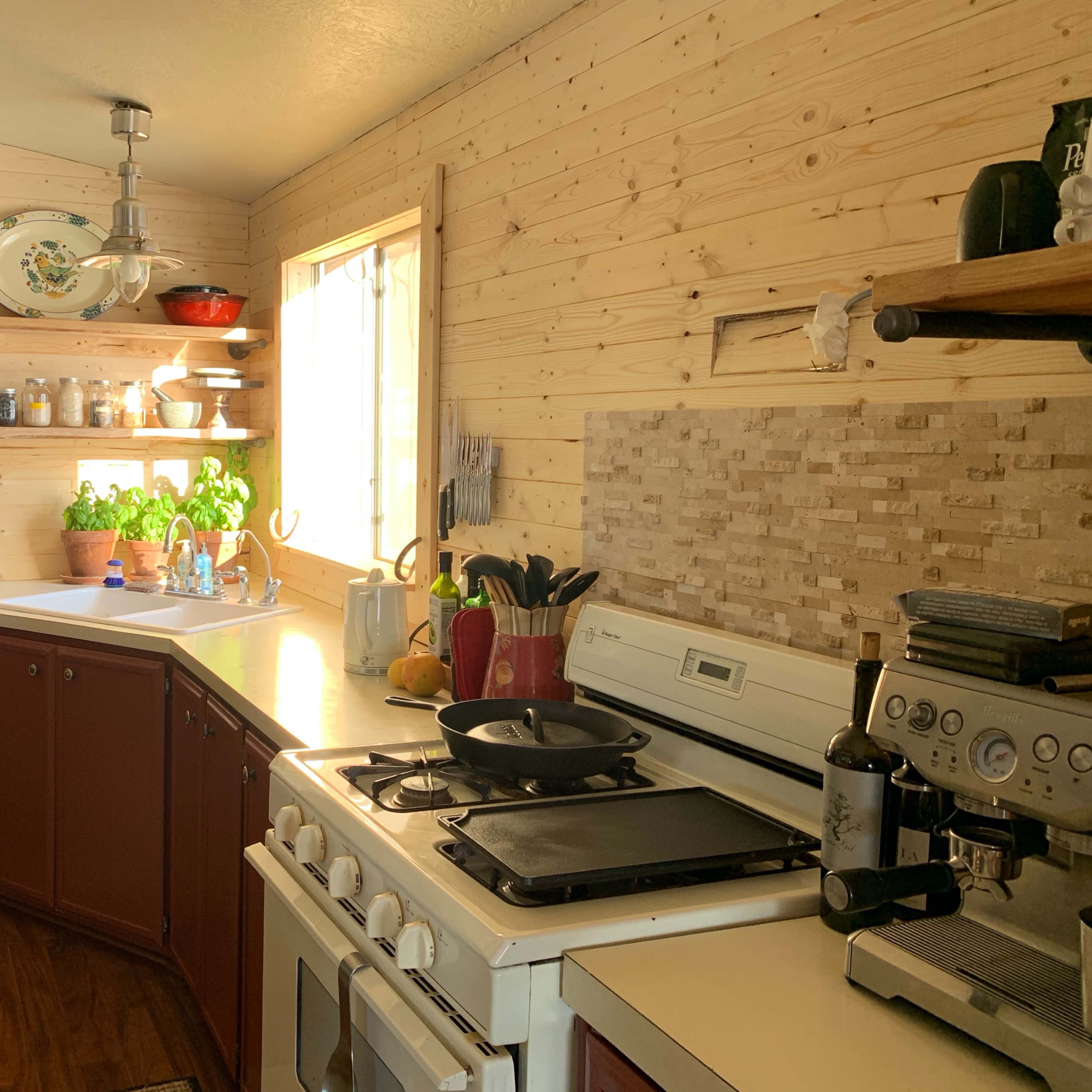 A modern kitchen features wooden walls, stainless steel appliances, and a well-organized countertop with cooking utensils and plants.