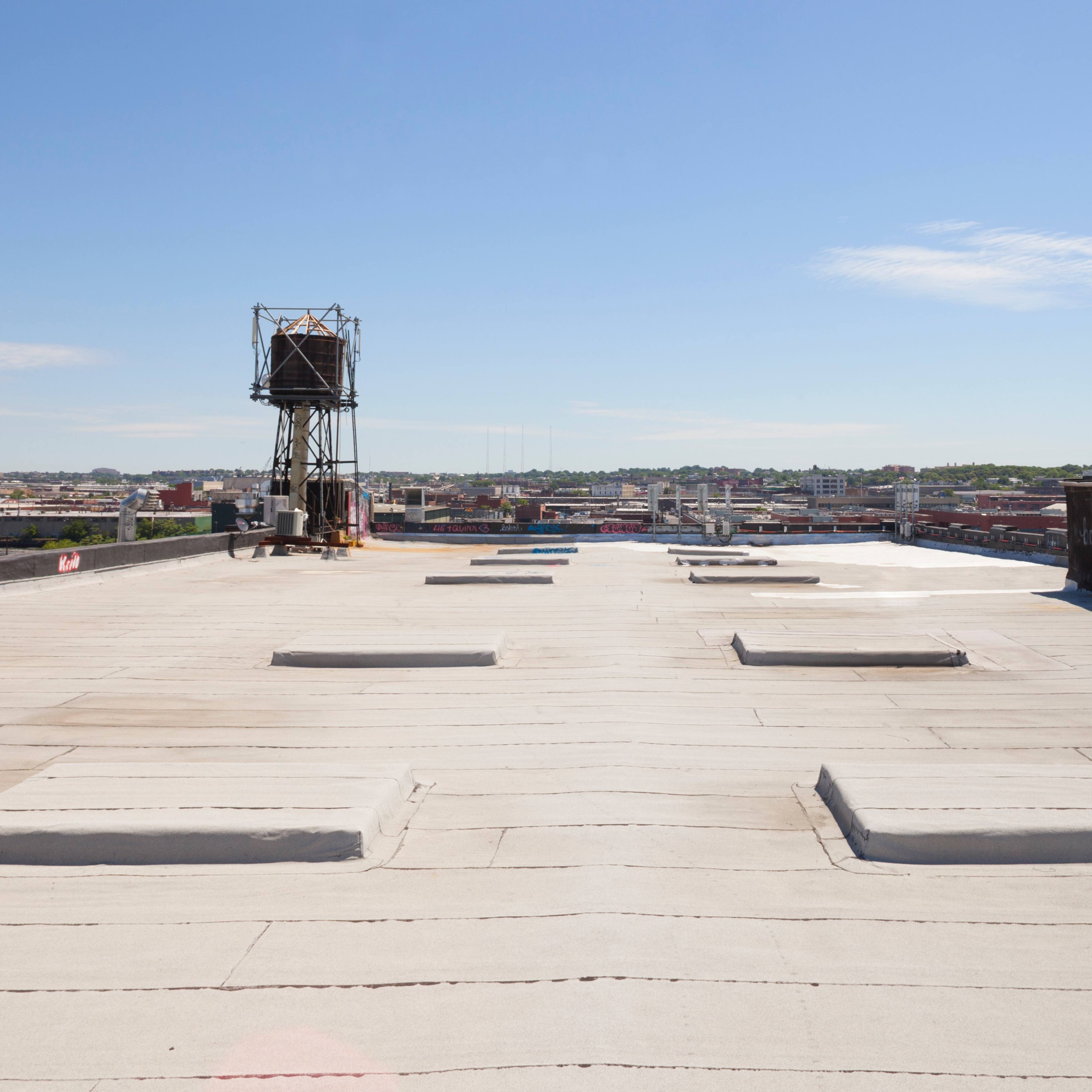 A flat rooftop features several rectangular skylights and a communication tower in the background against a clear blue sky.