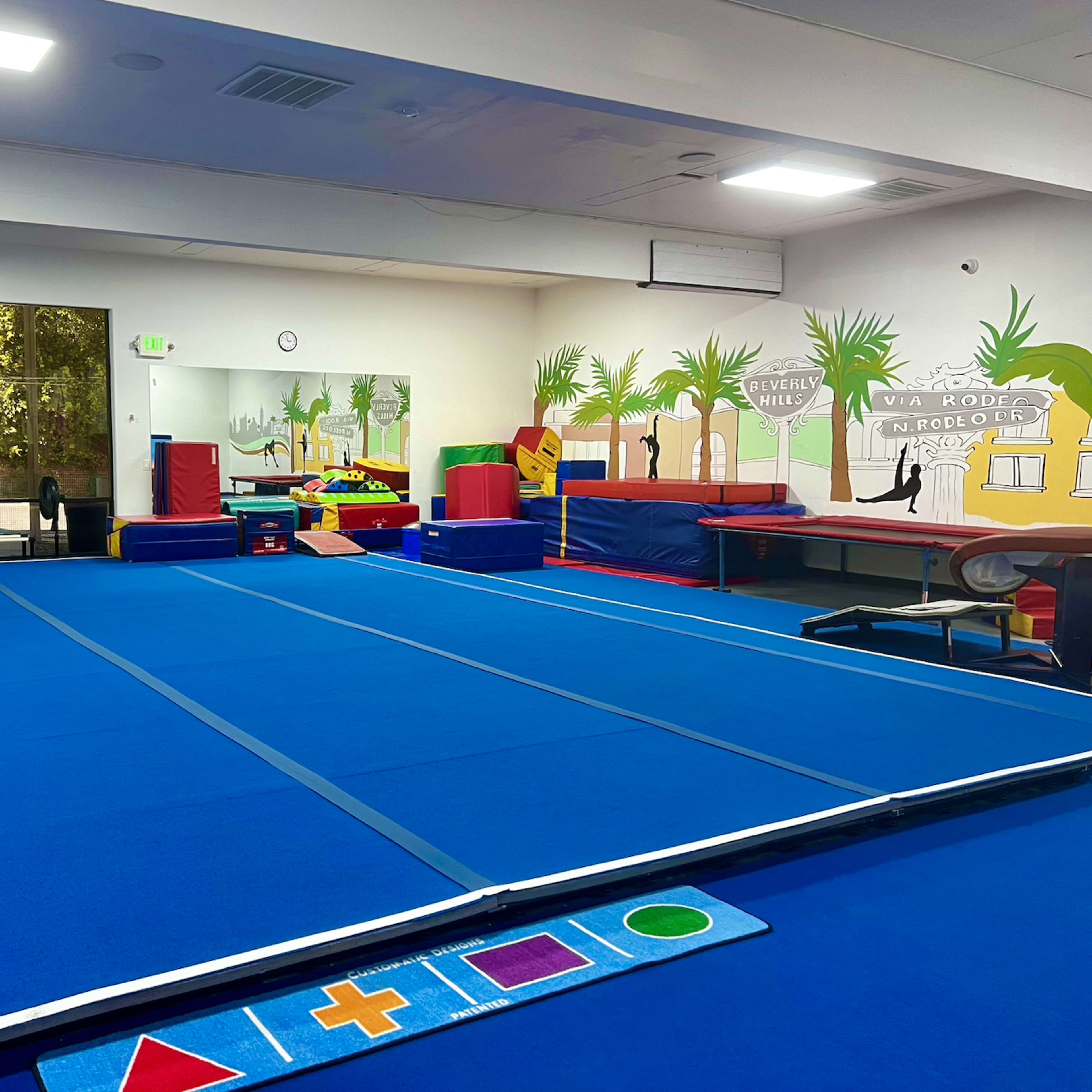 A gymnasium with a large blue tumbling mat, colorful exercise equipment, and a wall decorated with palm trees and playful shapes.