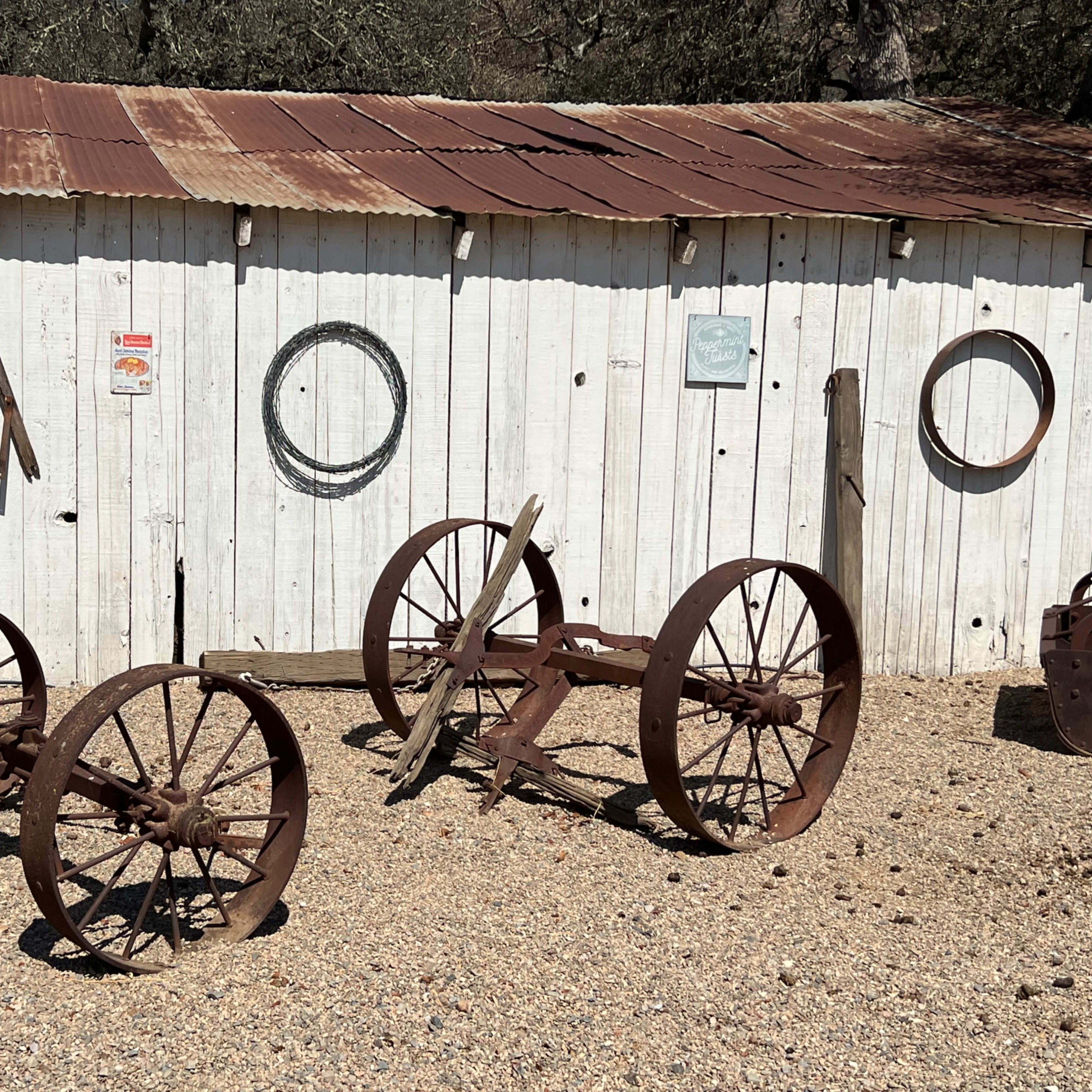 An assortment of vintage farm equipment and tools is displayed against a rustic, whitewashed shed with a corrugated metal roof.