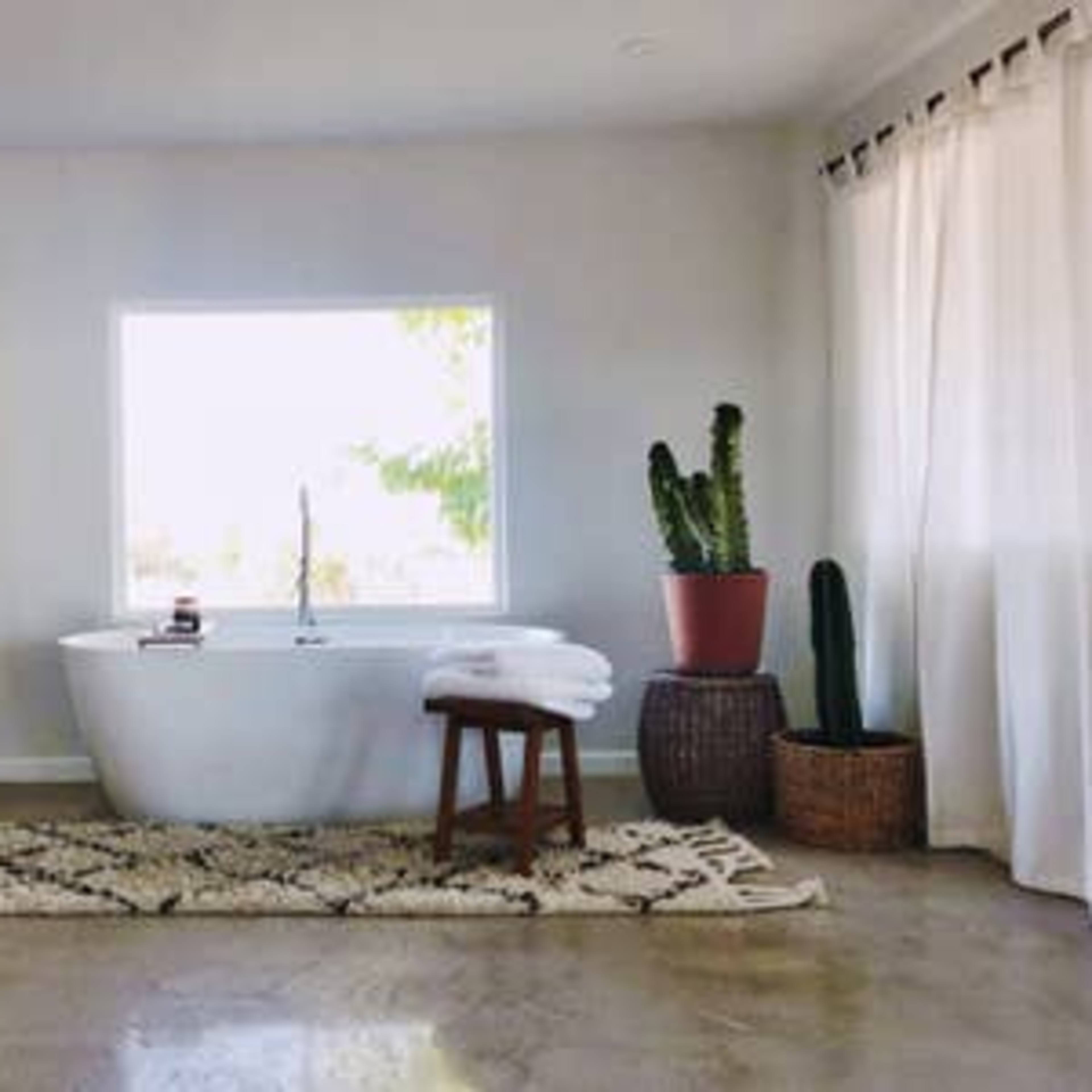 A bright bathroom featuring a freestanding tub, a potted cactus, a stool, and a large window allowing natural light to enter.