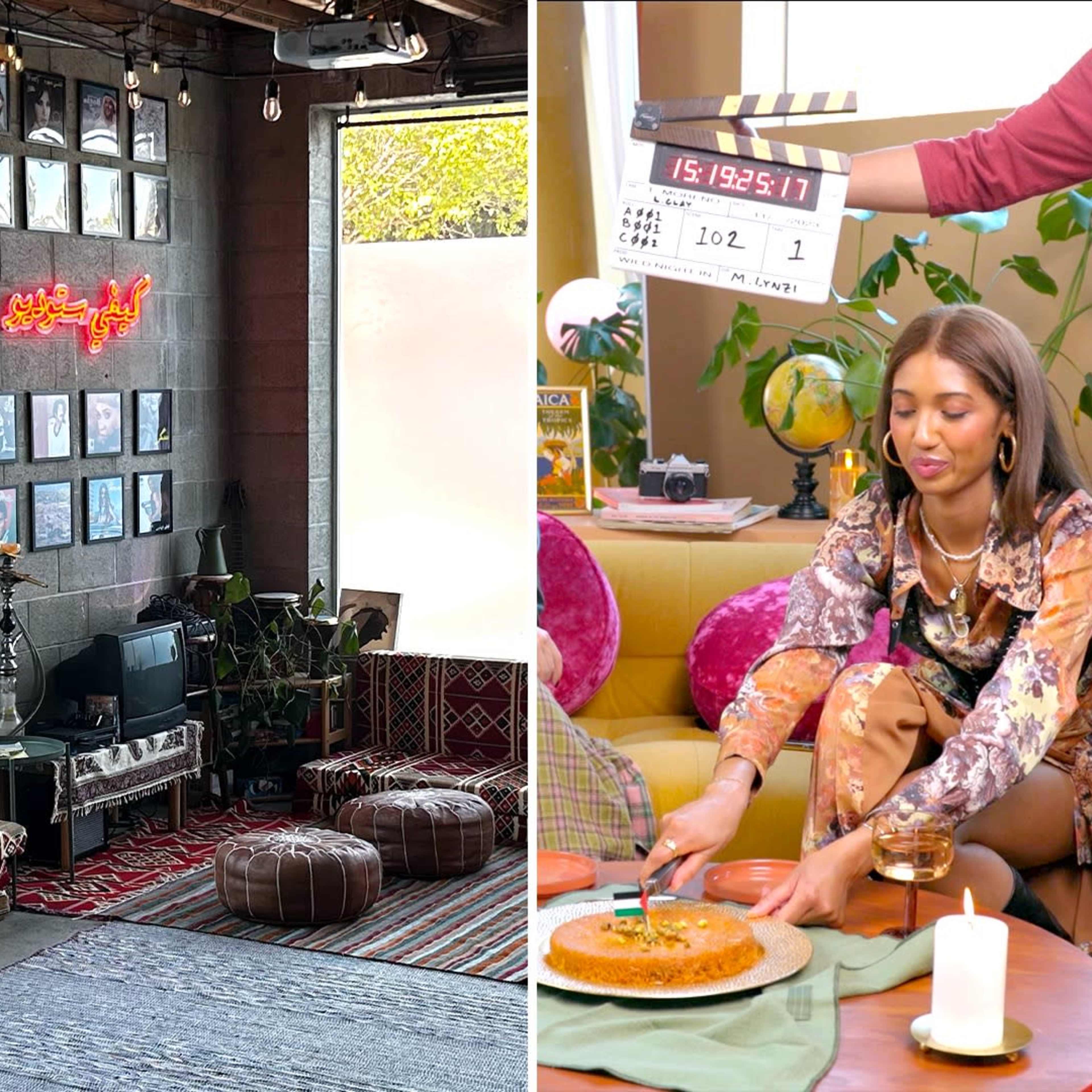 Three distinct scenes: a male model posing for a photographer in a studio with colorful backdrops, a stylish interior space featuring eclectic decor and framed artwork, and a woman celebrating with a cake in a vibrant living area.
