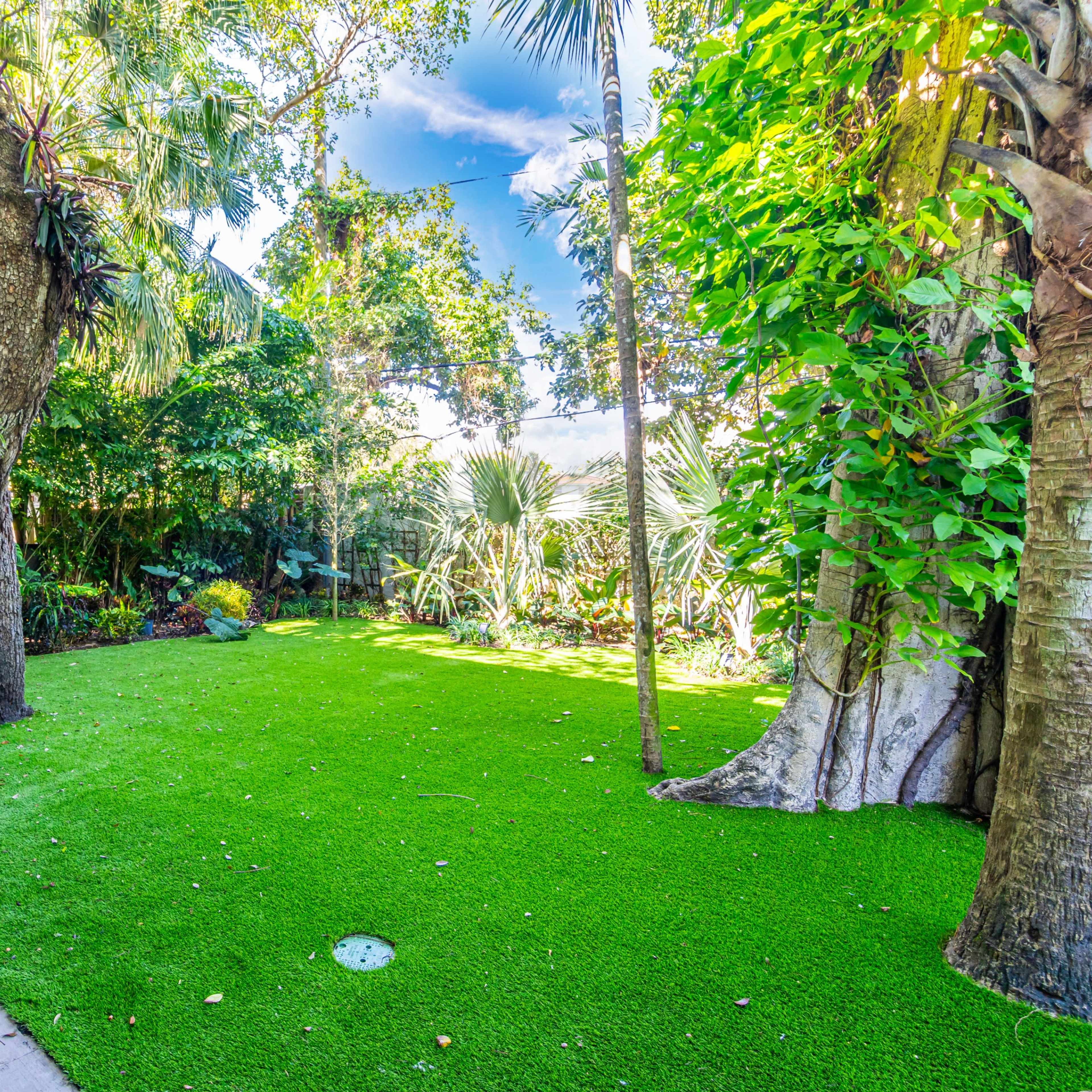 A lush green backyard with artificial turf, surrounded by trees and tropical plants.