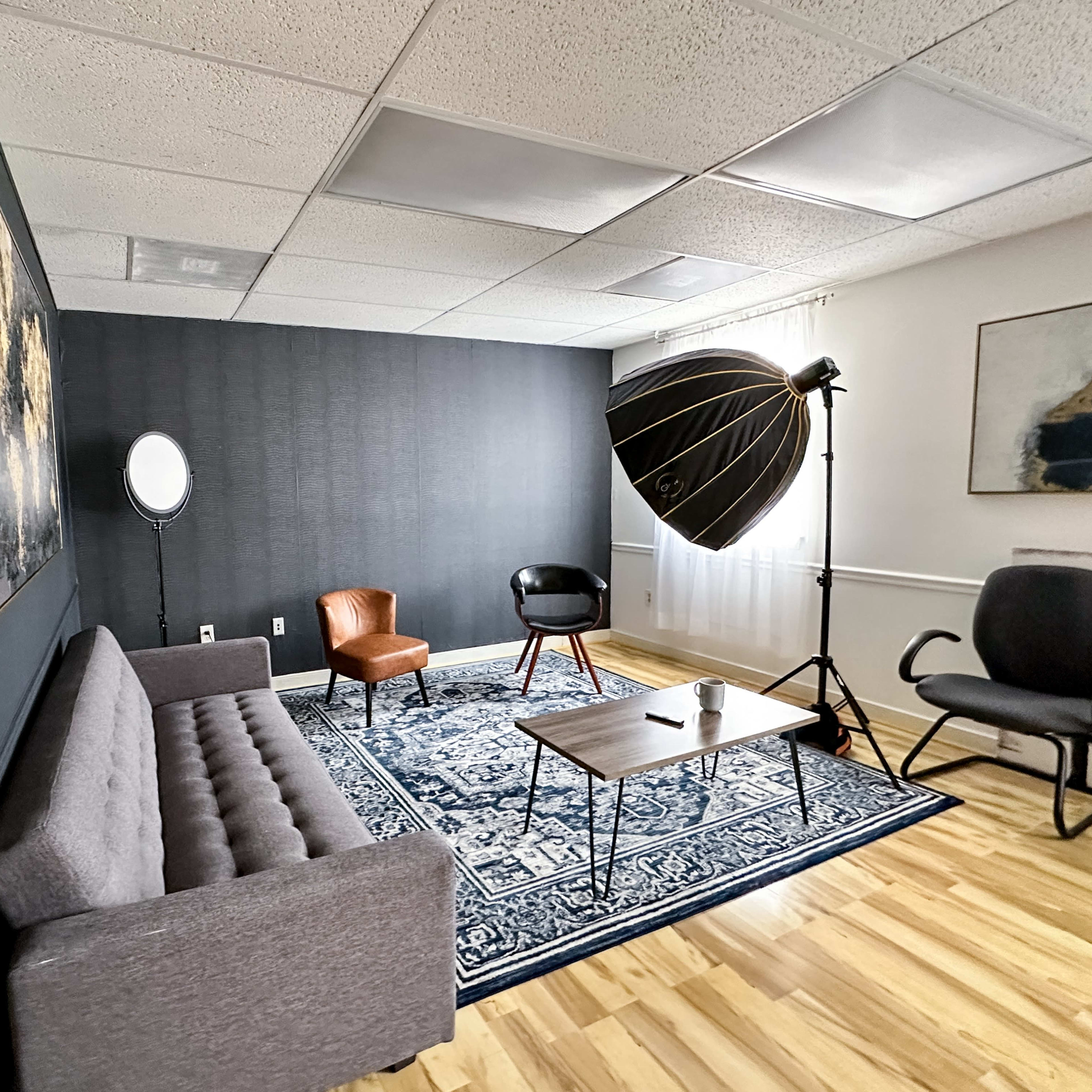 A furnished room features a gray sofa, a wooden coffee table, an armchair, and a large lighting umbrella, with a blue area rug on the wooden floor.