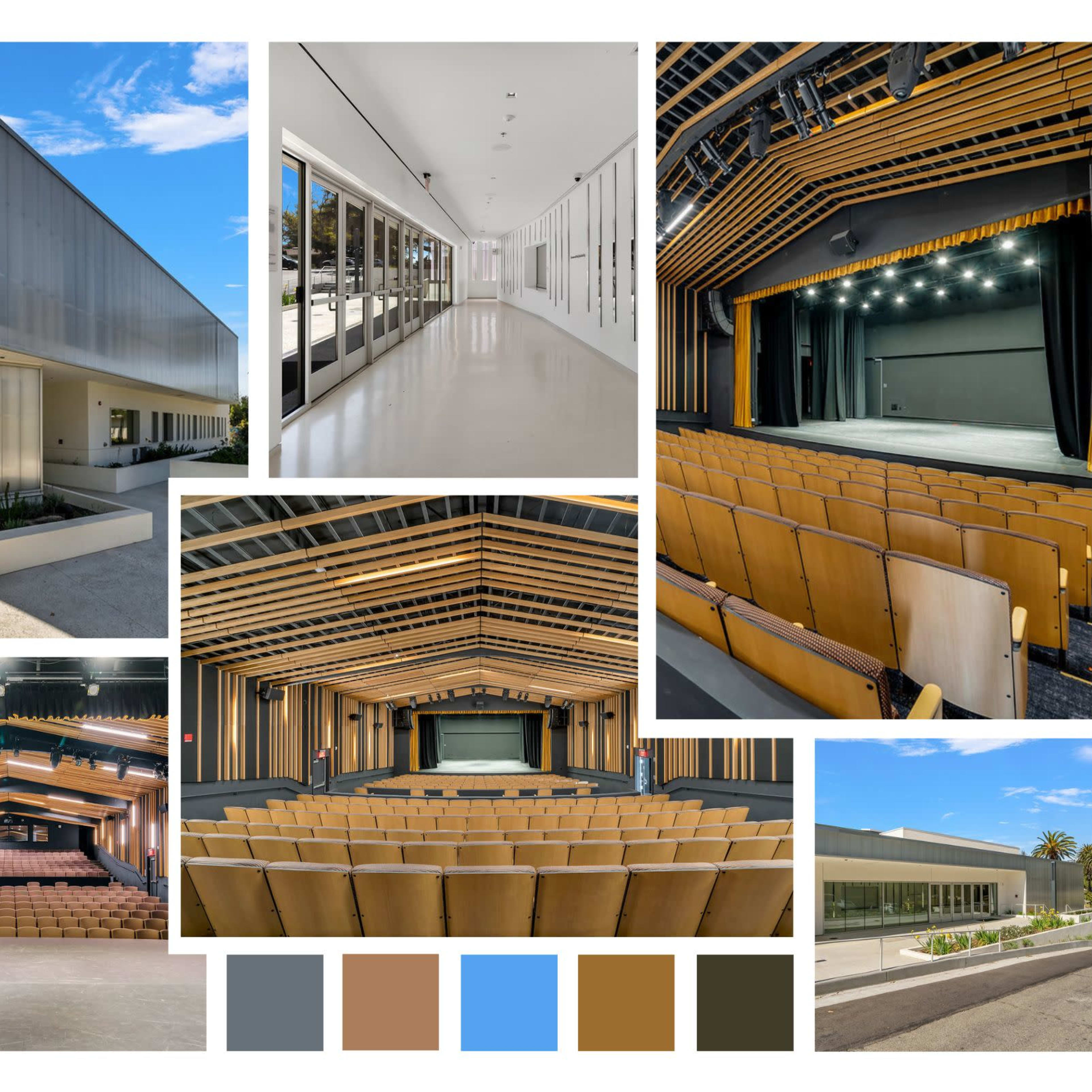 A modern performing arts center featuring a sleek exterior, spacious interior corridors, and an auditorium with a stage and seating.